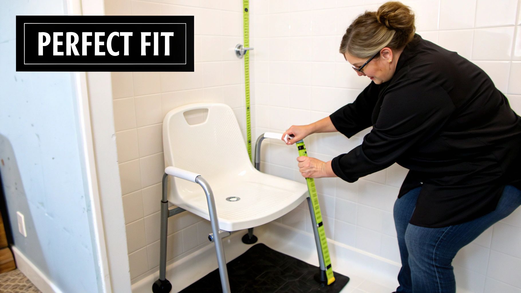 A woman measures a white shower chair with a green tape in a tiled shower for a perfect fit.