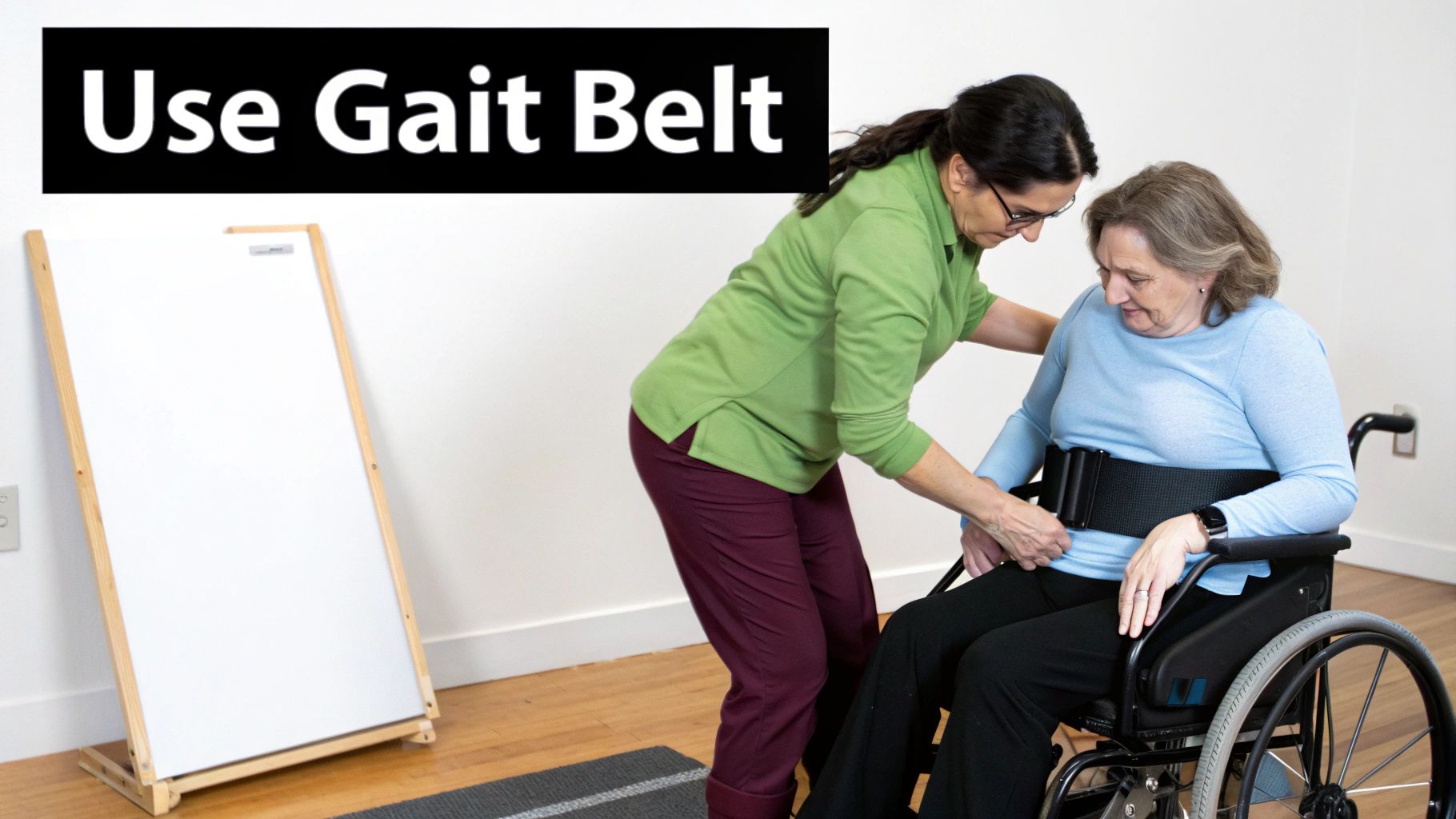 A caregiver adjusts a gait belt on an elderly woman in a wheelchair for safe patient transfer.