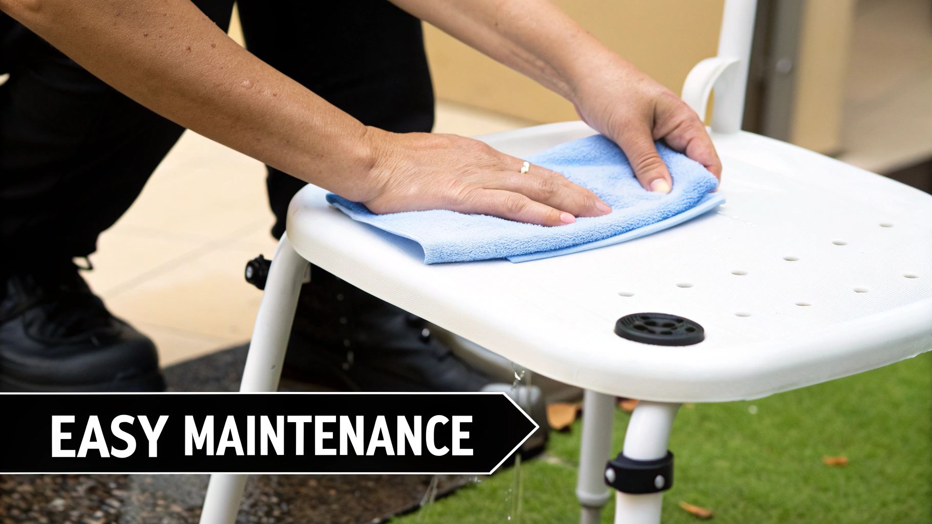 A person's hands are cleaning a white PVC shower chair with a blue cloth, highlighting easy maintenance.
