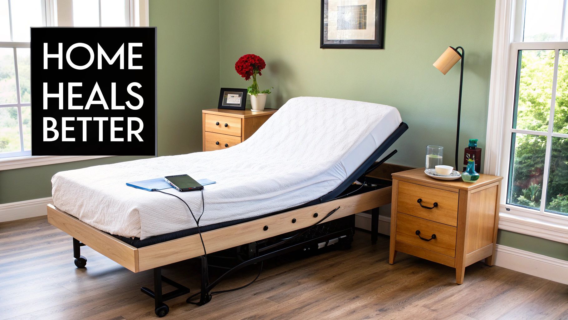 A comfortable adjustable bed in a peaceful bedroom with a sign reading 'HOME HEALS BETTER'.
