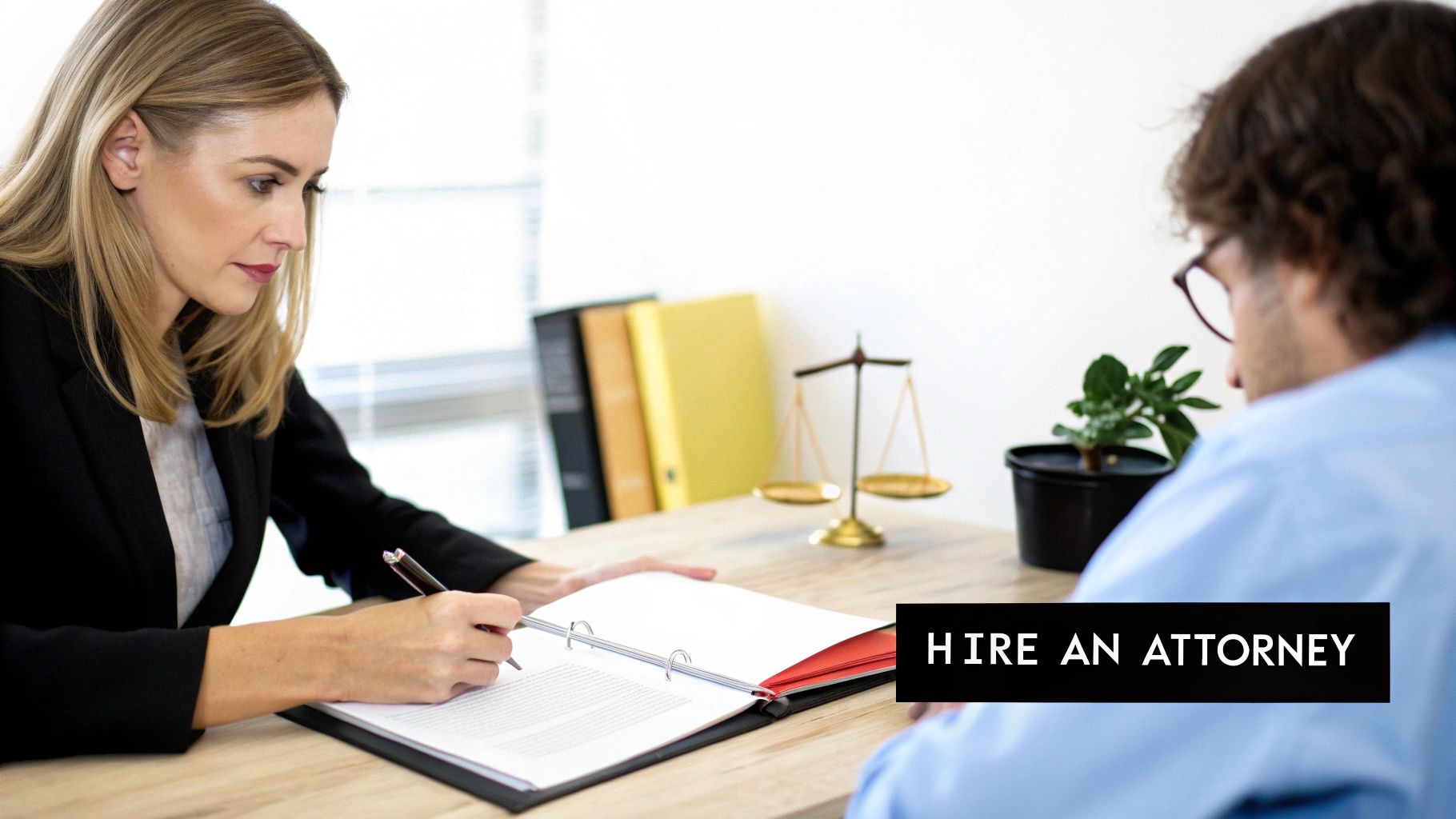 A female lawyer in a suit reviews documents with a male client, with scales of justice in the background.