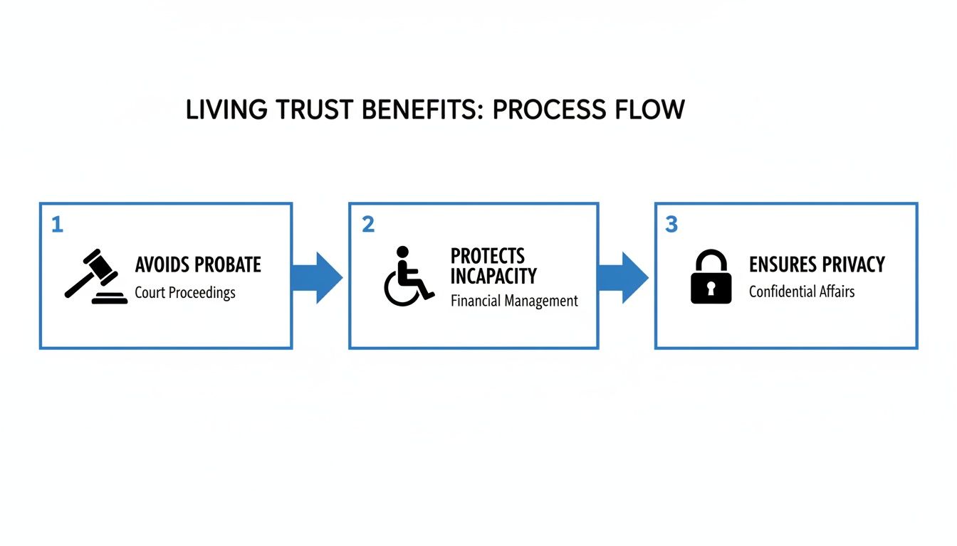 A flowchart outlining three main benefits of a living trust: avoiding probate, protecting against incapacity, and ensuring privacy.
