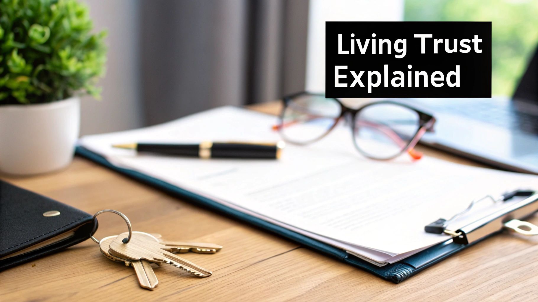 A desk with a plant, keys, papers, pen, glasses, and a text box 'Living Trust Explained'.