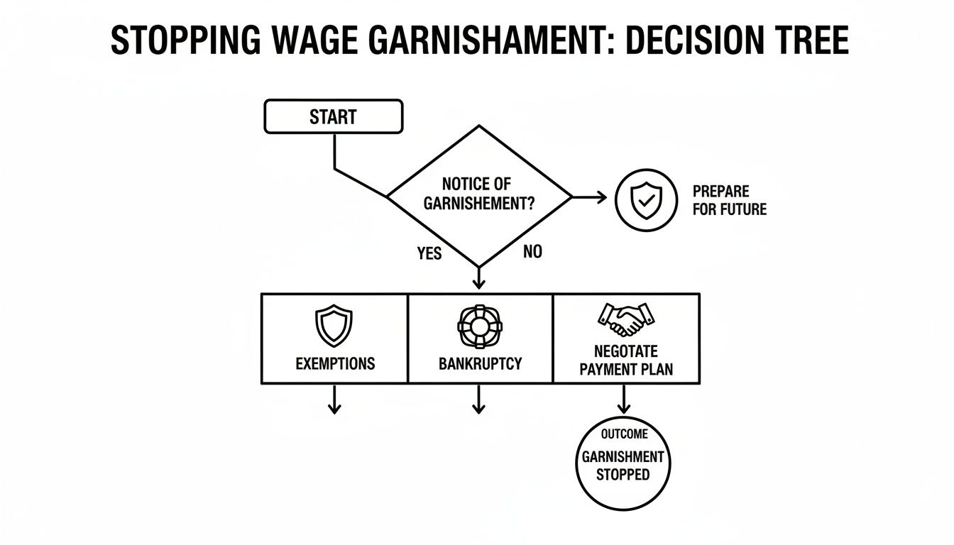 A decision tree flowchart illustrating the steps and options for stopping wage garnishment.