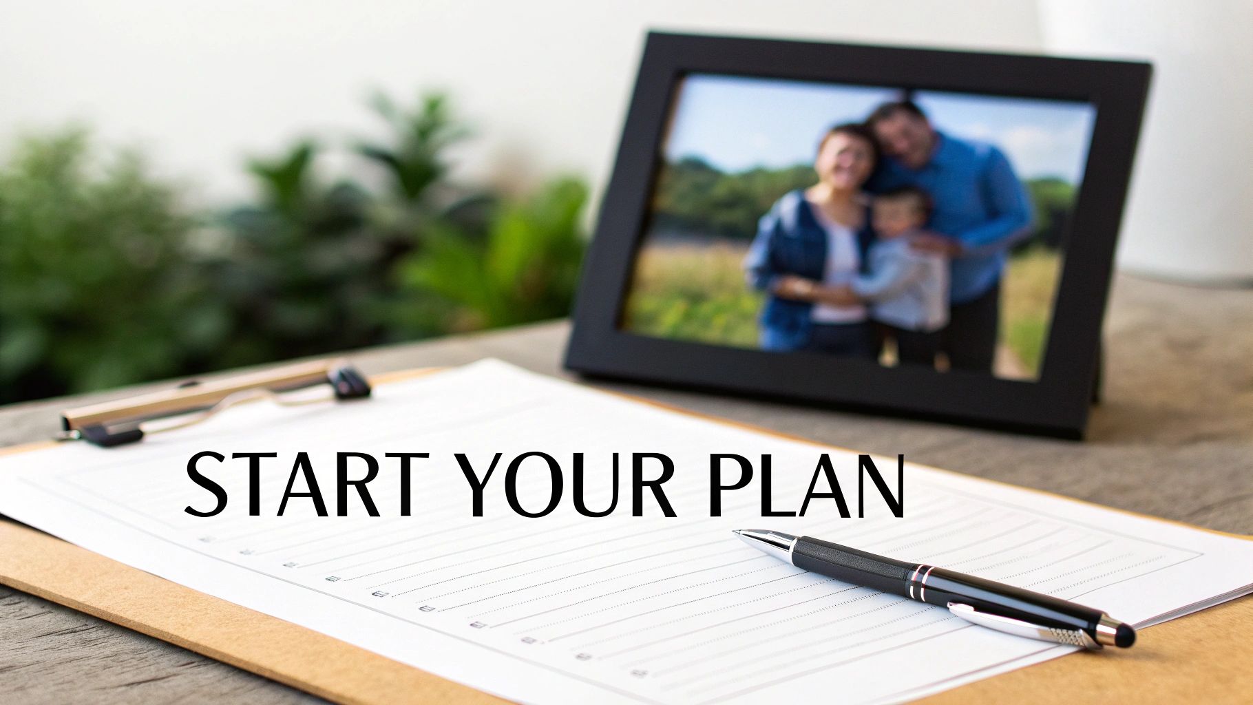 A clipboard with 'START YOUR PLAN' text and a pen, with a blurred family photo in the background, symbolizing future planning.