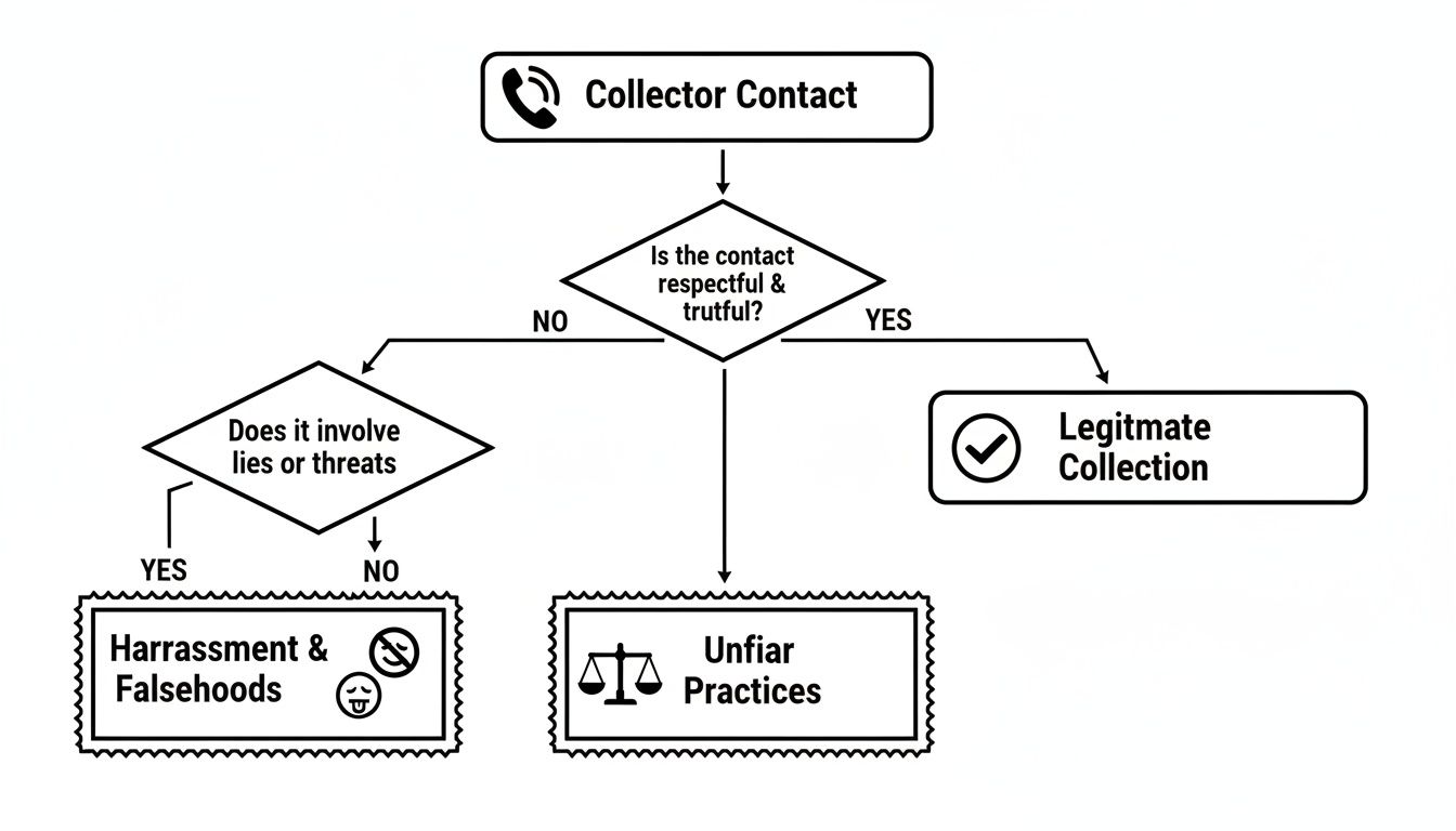 Flowchart for assessing debt collector interactions, categorizing into legitimate, unfair, or harassment.