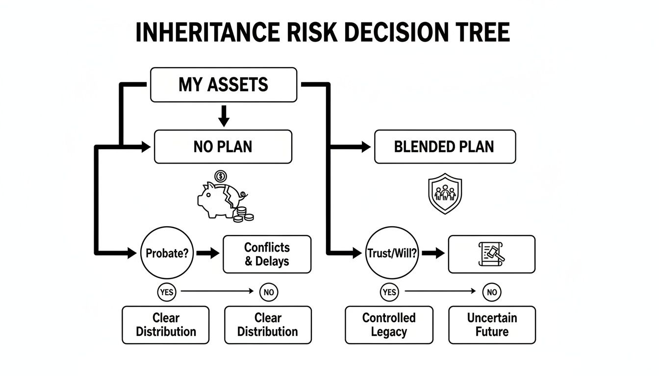 Decision tree illustrating inheritance risk management by comparing no plan against a blended plan approach.