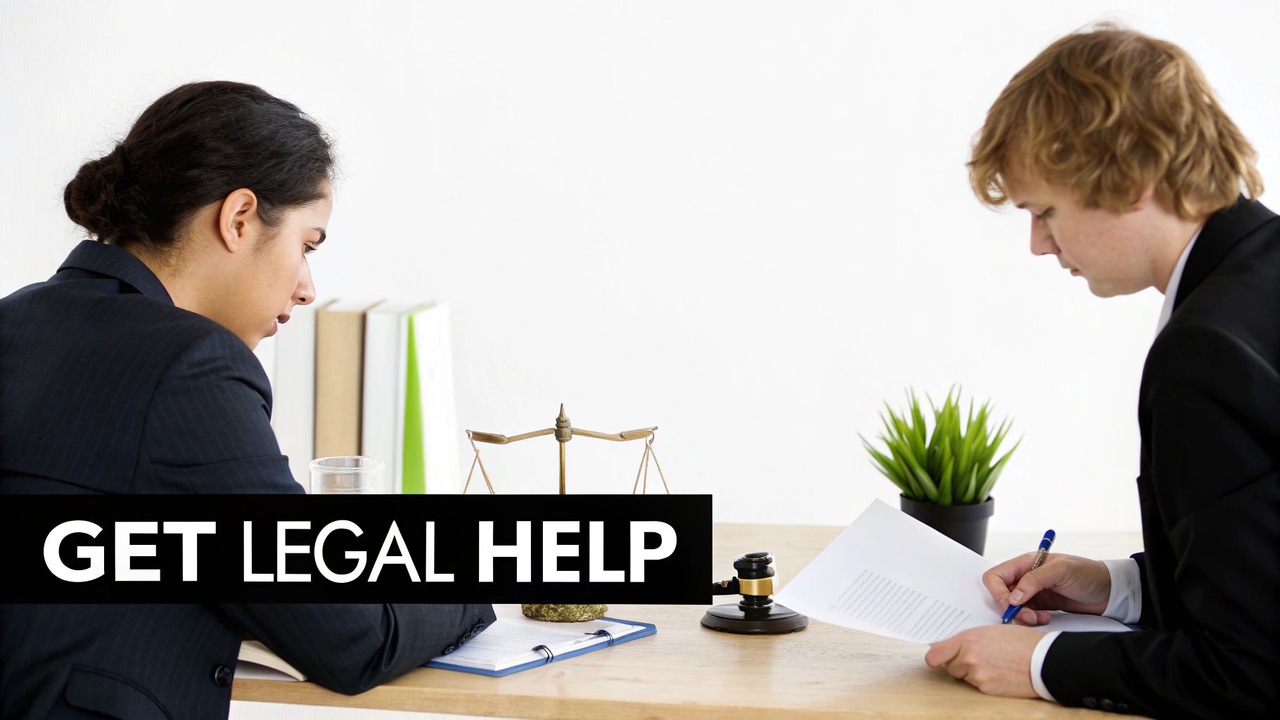 Lawyer and client review papers at a desk with legal symbols, promoting 'GET LEGAL HELP'.