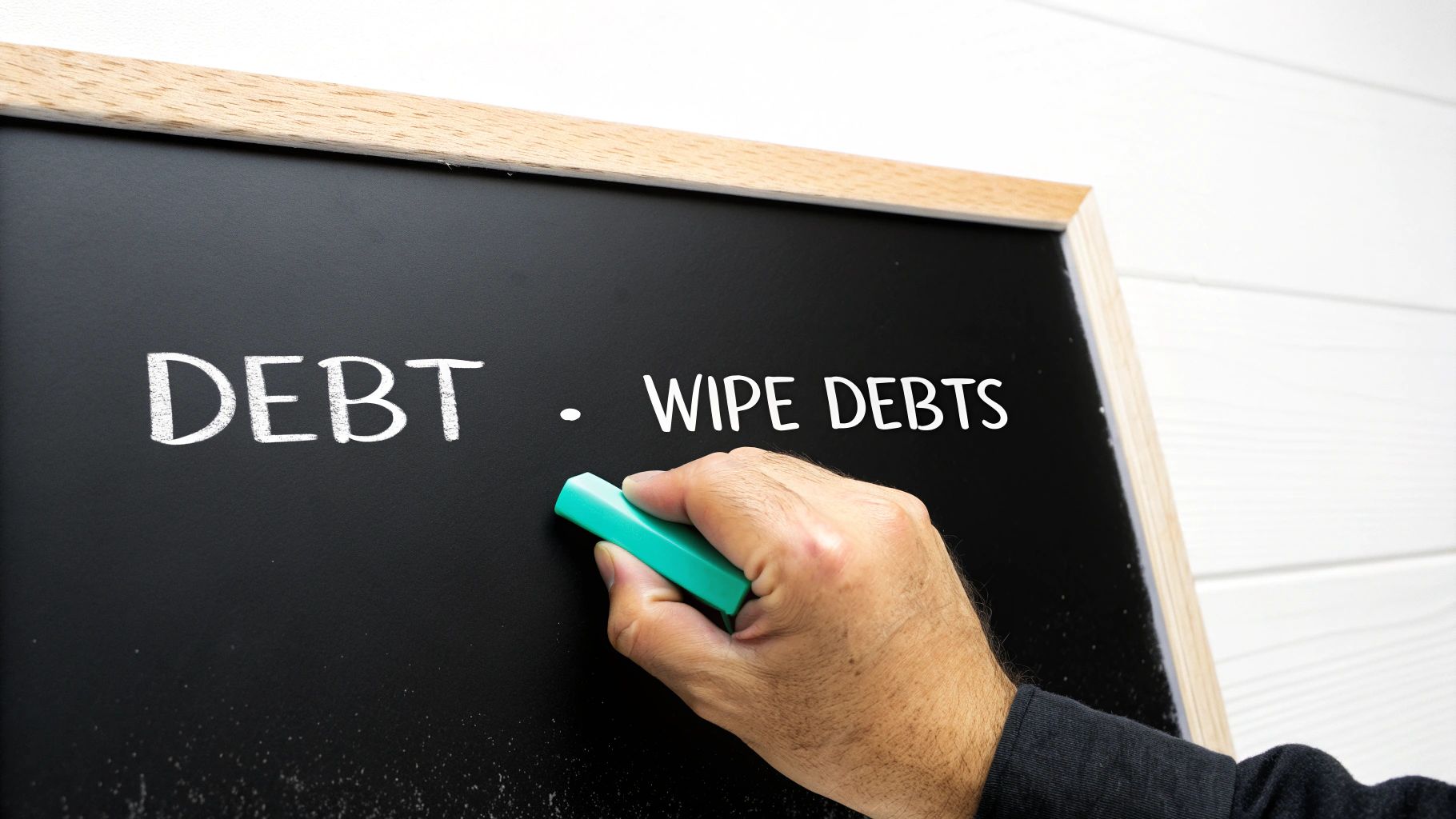 A hand holding chalk partially erasing 'WIPE DEBTS' next to 'DEBT' on a blackboard.