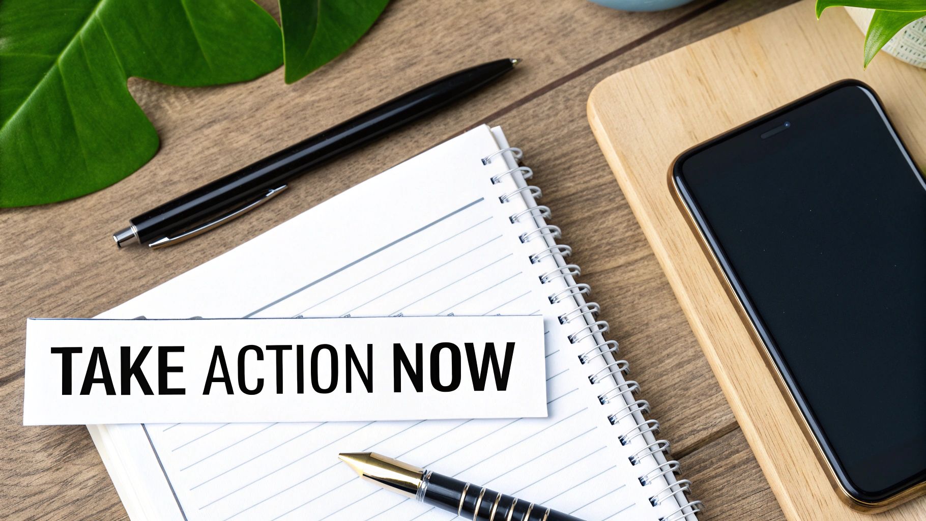 A desk with a notebook, pens, smartphone, green leaf, and 'TAKE ACTION NOW' sign.