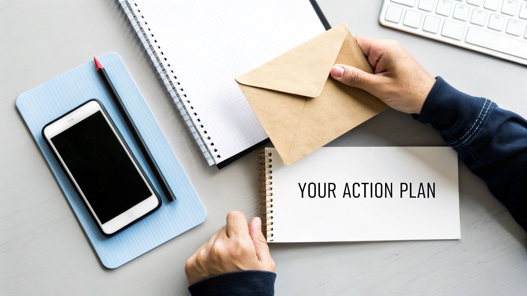 A person holds a brown envelope while reading an action plan on a notebook with a phone and keyboard nearby.