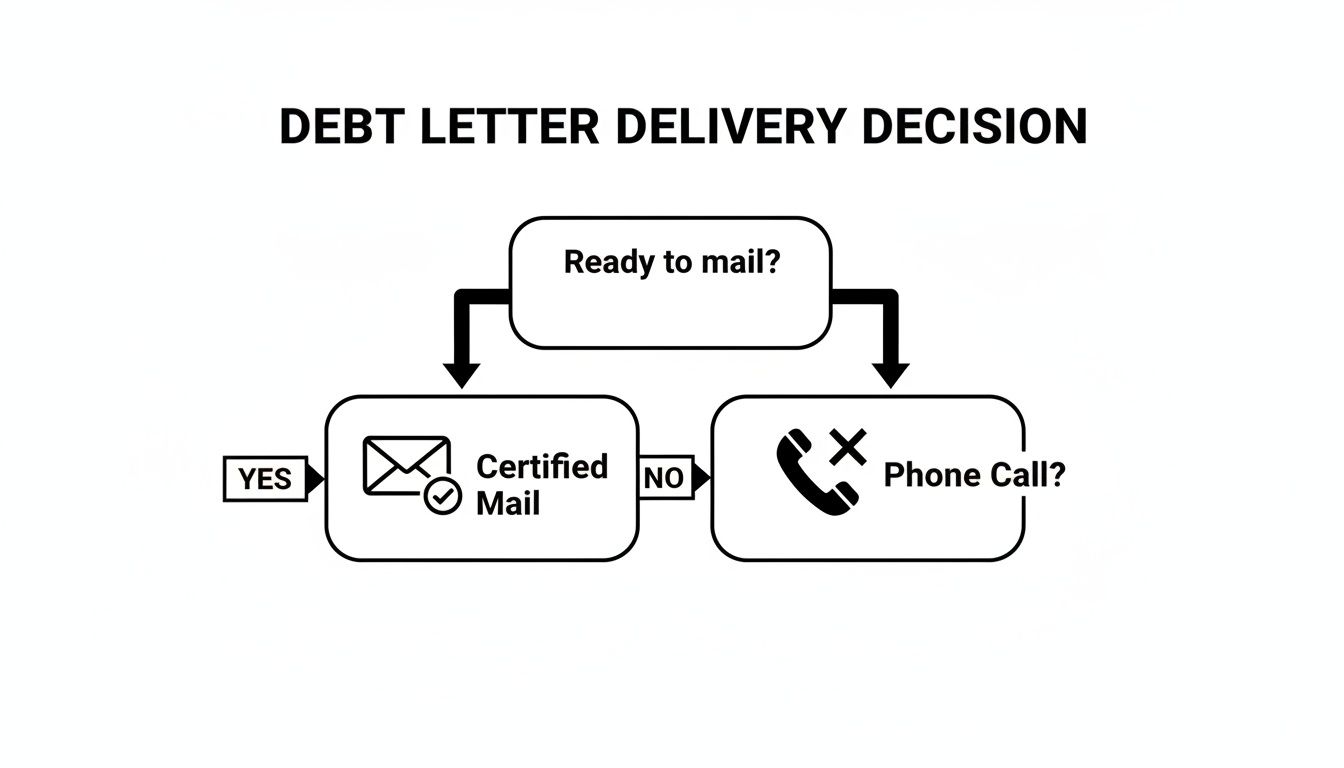 Flowchart for debt letter delivery decision, outlining steps for certified mail or phone call.