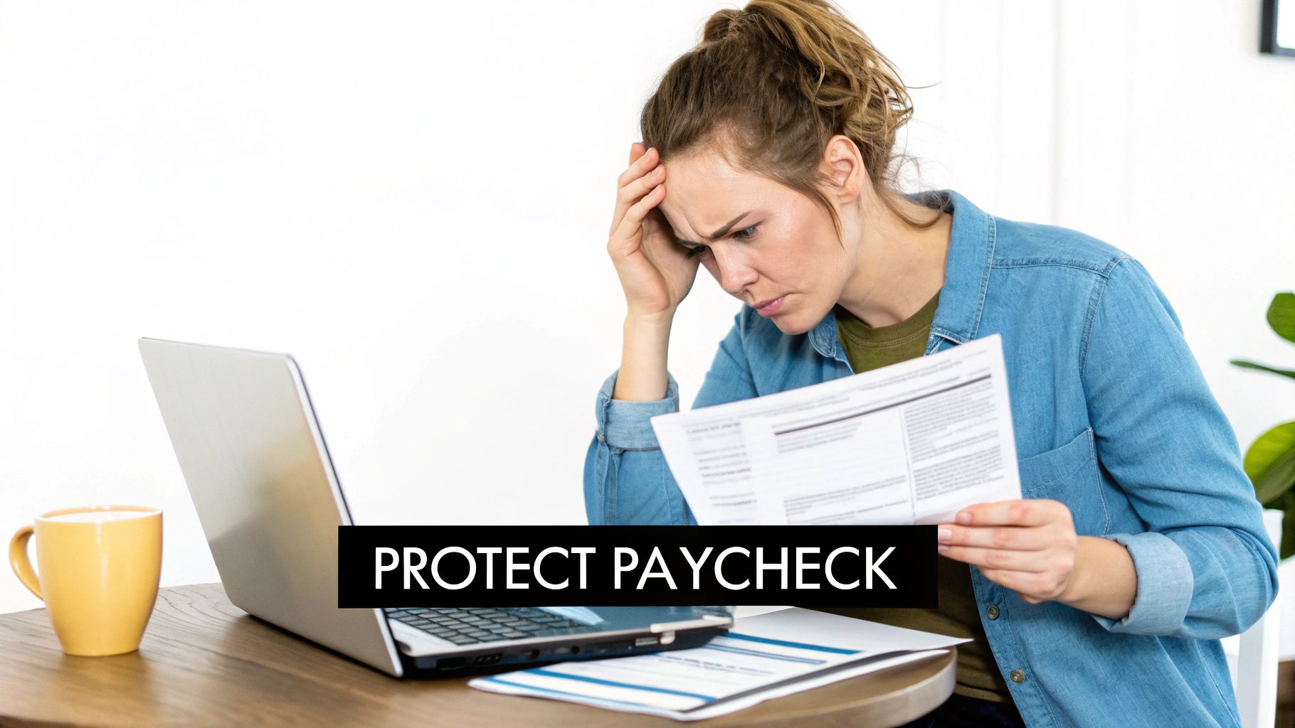 A worried woman reviews financial documents at a desk, with a laptop and a mug. Text reads: Protect Paycheck.