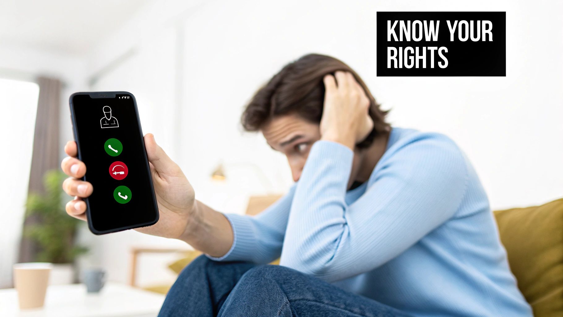 A worried person holds a smartphone displaying an incoming call, with a "KNOW YOUR RIGHTS" sign.