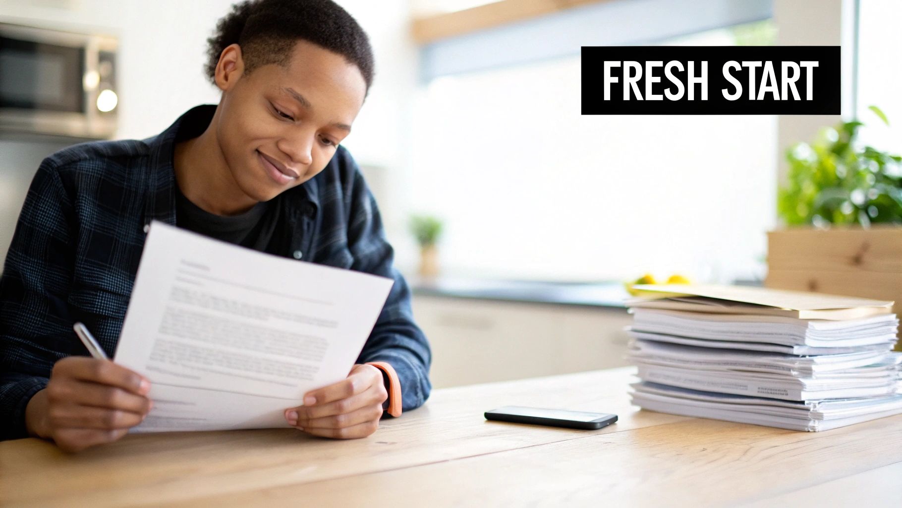 A young person smiles while reviewing documents at a table with papers and a phone.