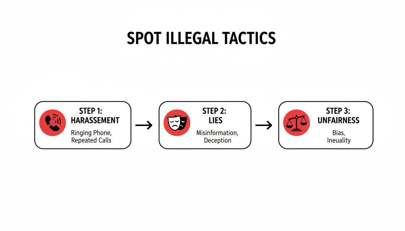 A diagram outlining three steps to spot illegal tactics: harassment, lies, and unfairness.