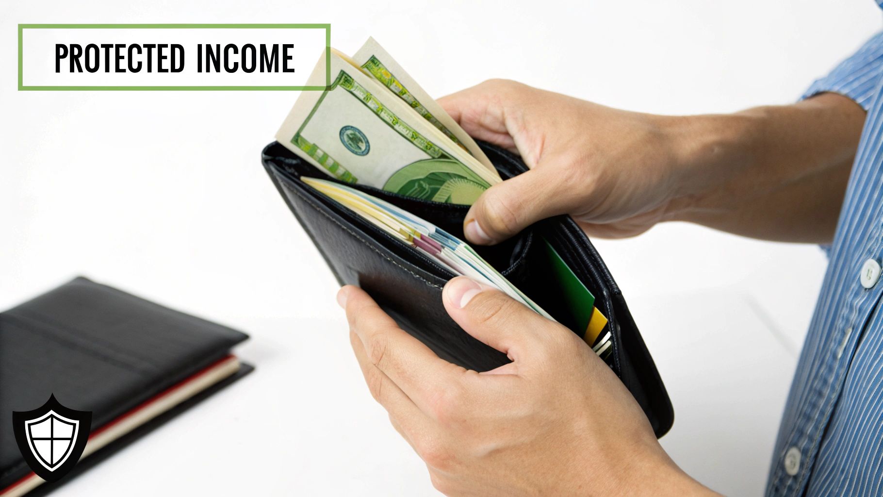 Close-up of a person holding an open wallet filled with US dollars and cards, with 'PROTECTED INCOME' text overlay.