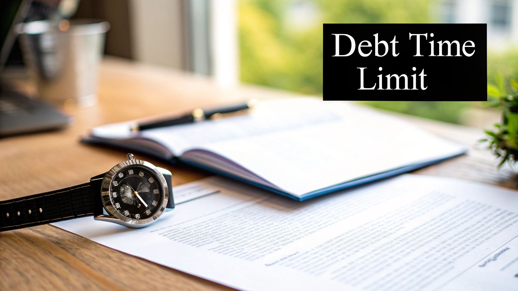 A wrist watch on legal documents signifies a 'Debt Time Limit' on a wooden desk.