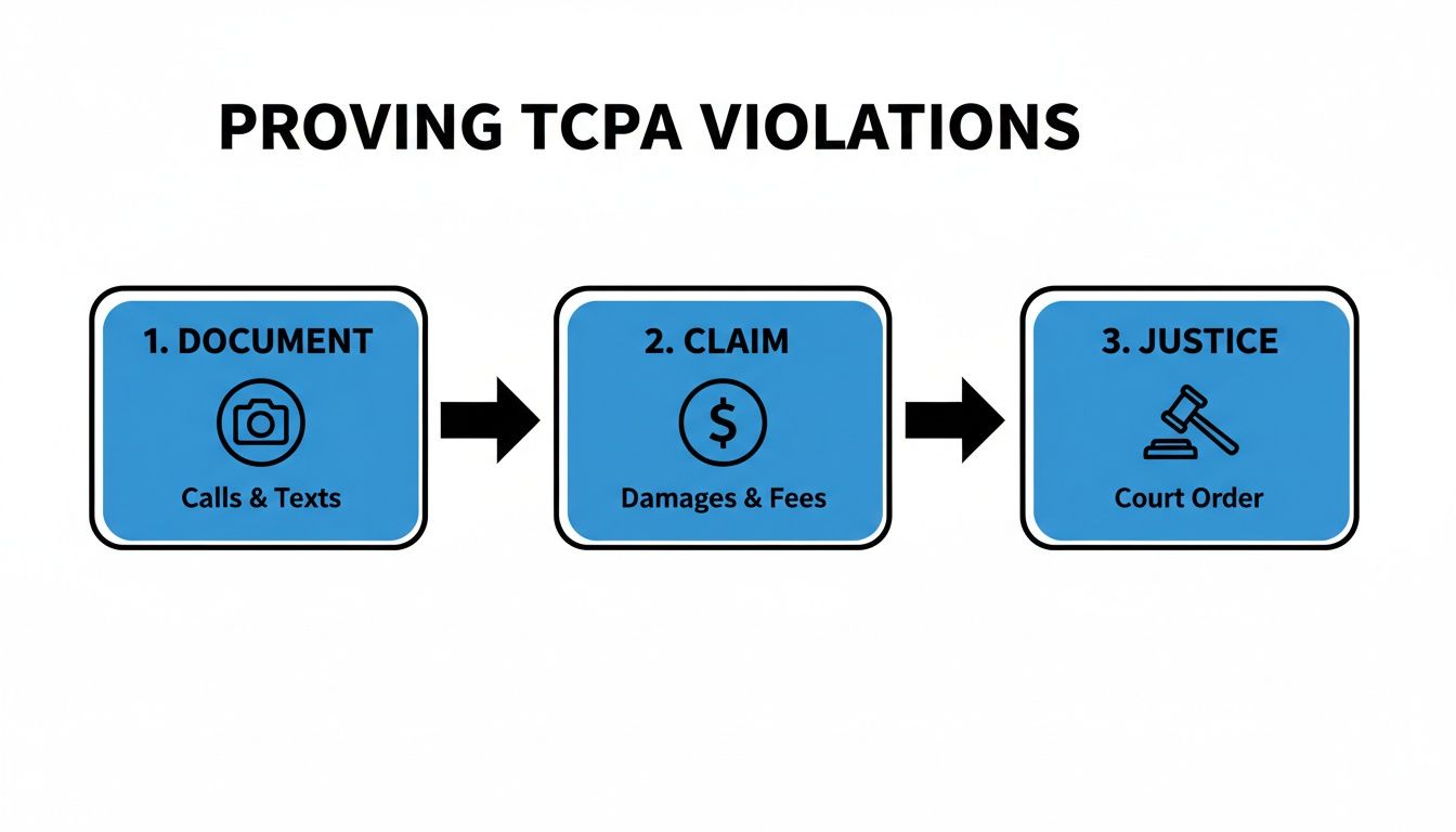 A three-step diagram outlining how to prove TCPA violations: Document calls and texts, file a claim for damages, and achieve justice through a court order.