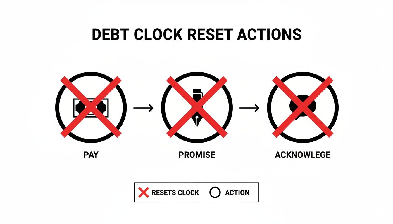 Diagram illustrating three actions: pay, promise, and acknowledge, all indicated as resetting the debt clock with a red 'X'.