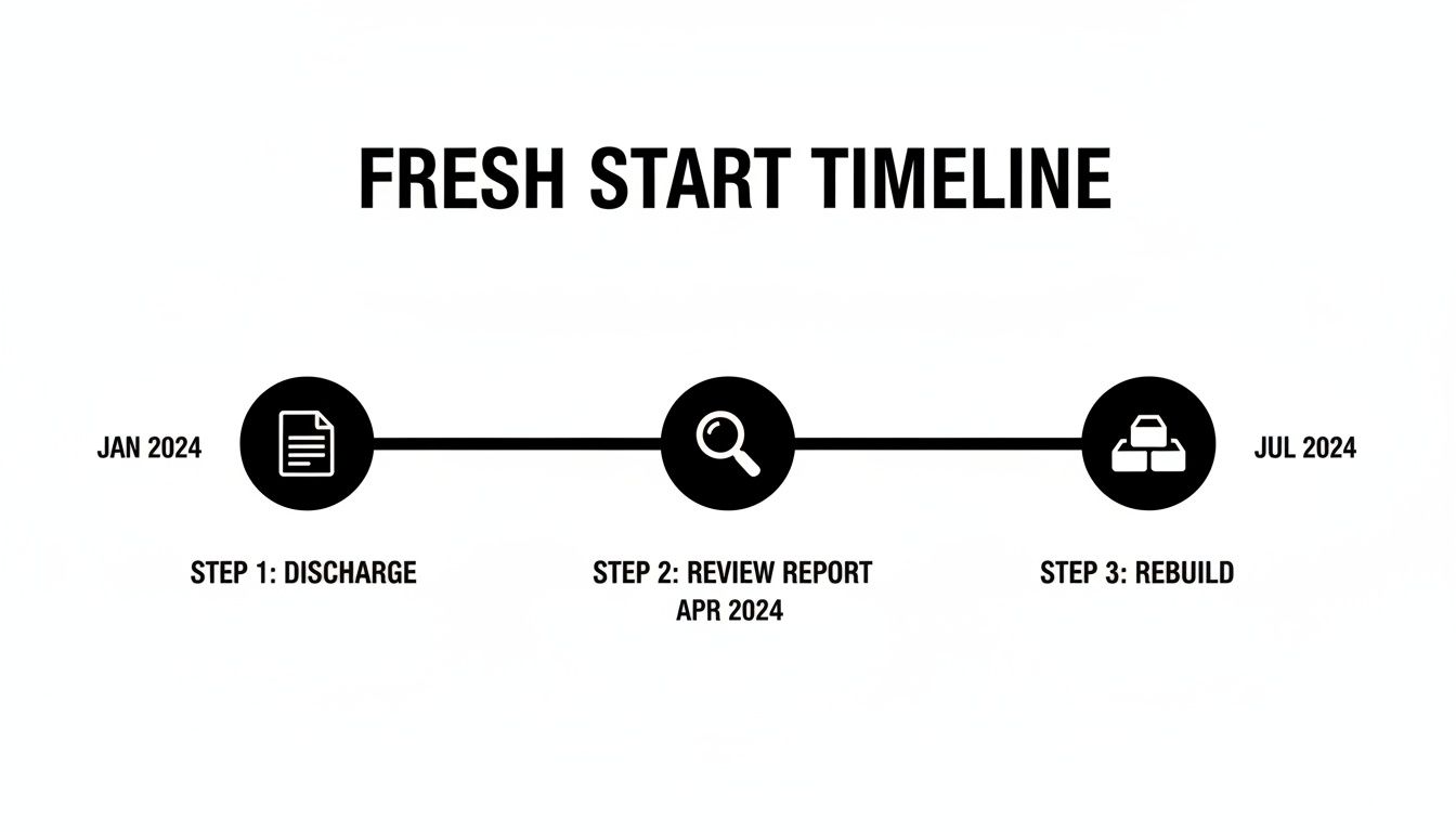 Fresh start timeline outlining steps: Discharge in Jan 2024, Review Report in Apr 2024, and Rebuild in Jul 2024.