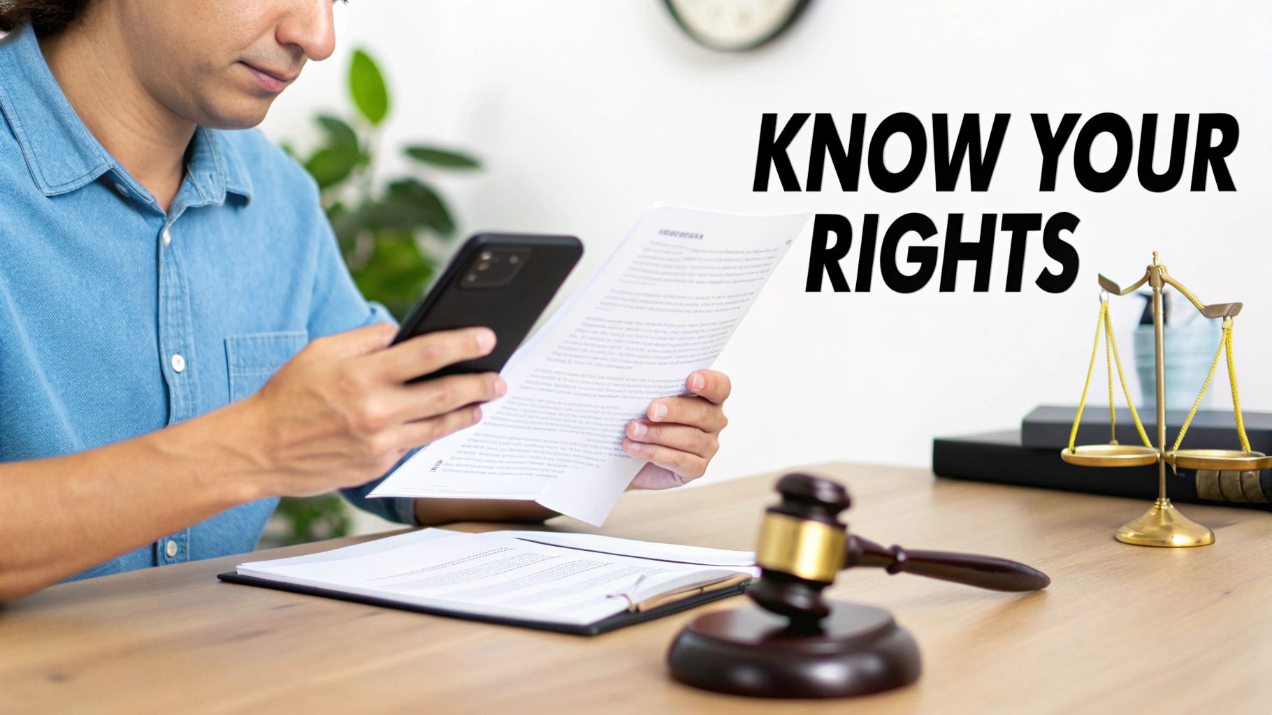 Person reads a legal document and uses a smartphone, with legal symbols and 'KNOW YOUR RIGHTS' text.