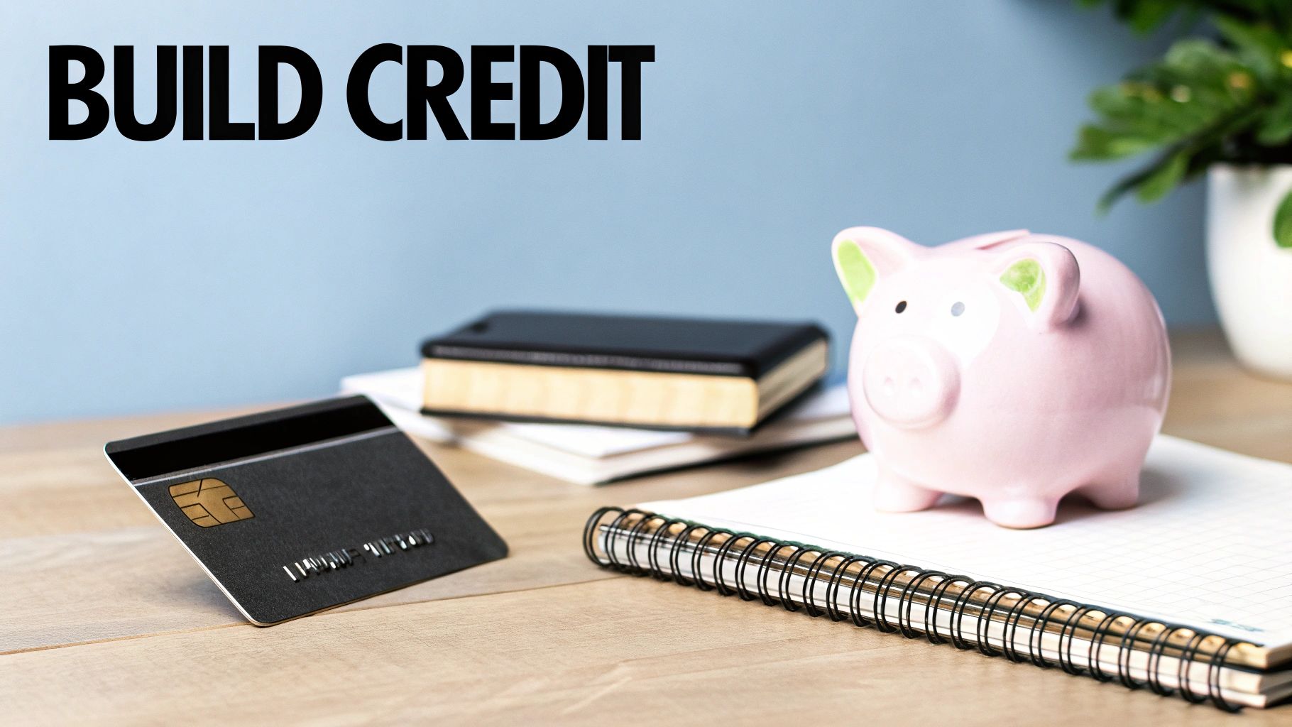 Image displays 'BUILD CREDIT' text above a credit card, piggy bank, and notebook on a wooden surface.