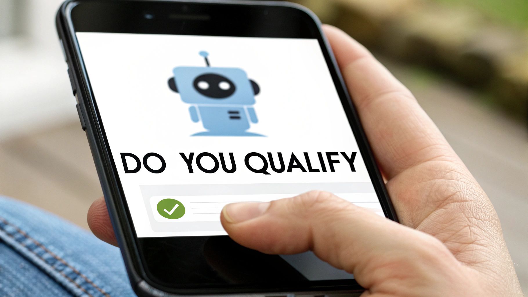 A hand holds a smartphone displaying a chatbot asking 'DO YOU QUALIFY' with a green checkmark.