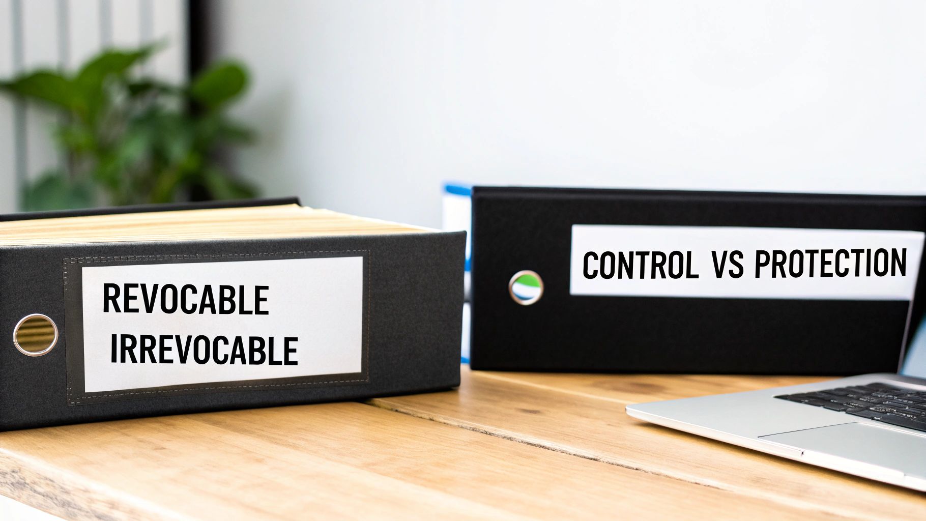 Two black binders on a wooden desk labeled 'Revocable Irrevocable' and 'Control vs Protection' with a laptop.