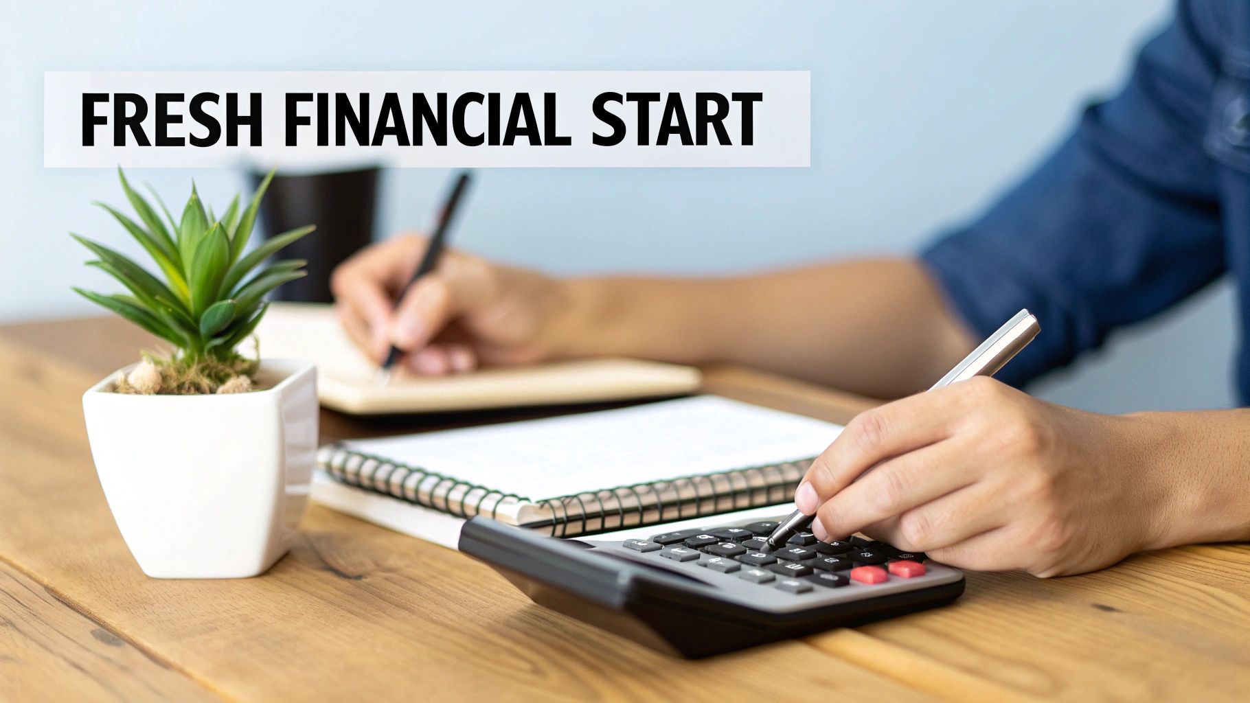 Person's hands working on a desk with a calculator and notebook, representing a fresh financial start.