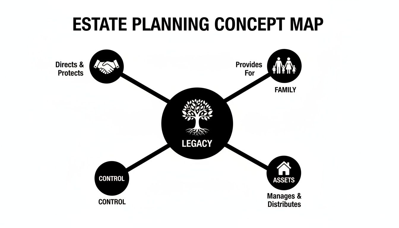 An estate planning concept map illustrating legacy as central, connecting to family, assets, control, and legal protection.