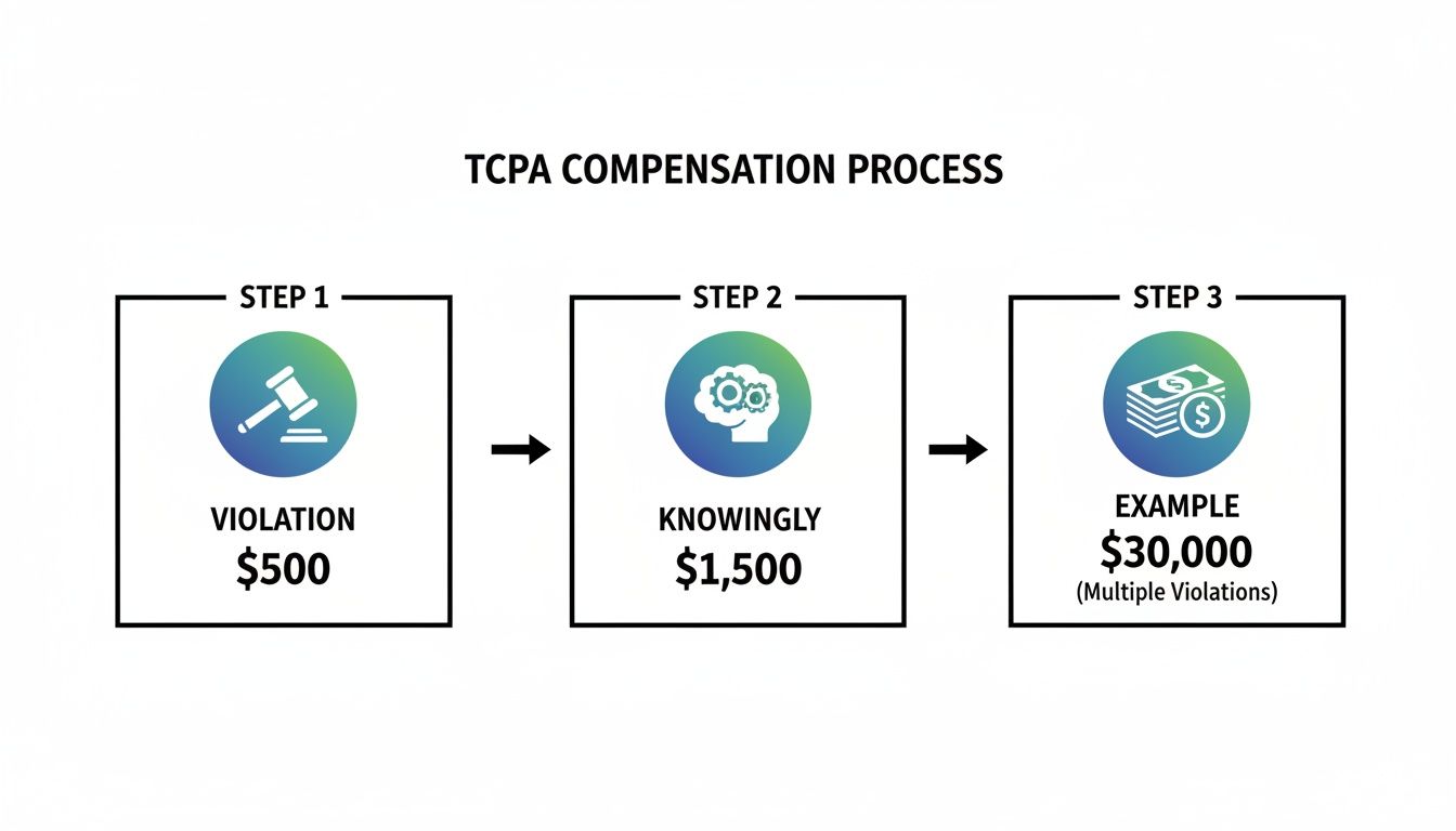 Flowchart showing TCPA compensation process with penalties: violation ($500), knowing ($1,500), multiple ($30,000).
