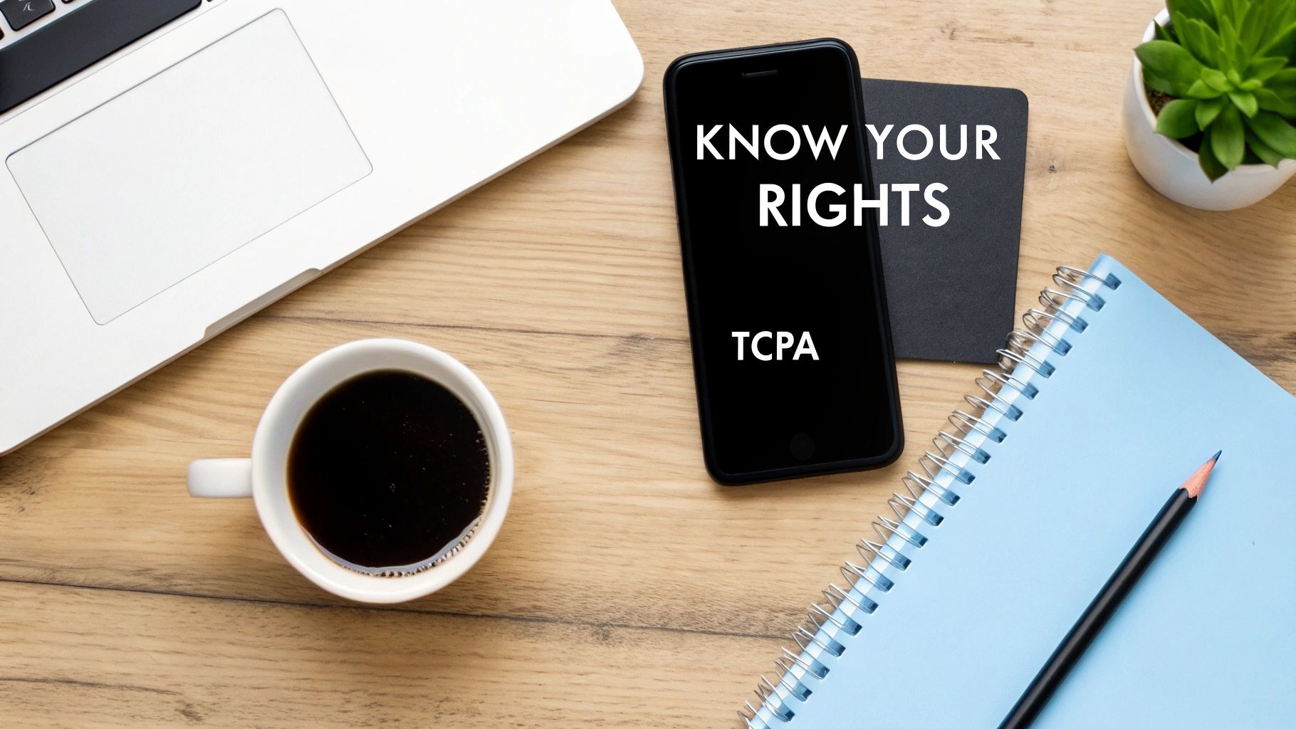 Flat lay of a desk with a laptop, coffee, and a smartphone displaying 'KNOW YOUR RIGHTS TCPA' text.