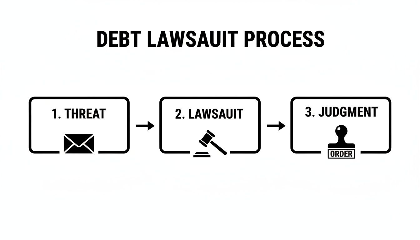 Flowchart illustrating the three steps of a debt lawsuit process: threat, lawsuit, and judgment.