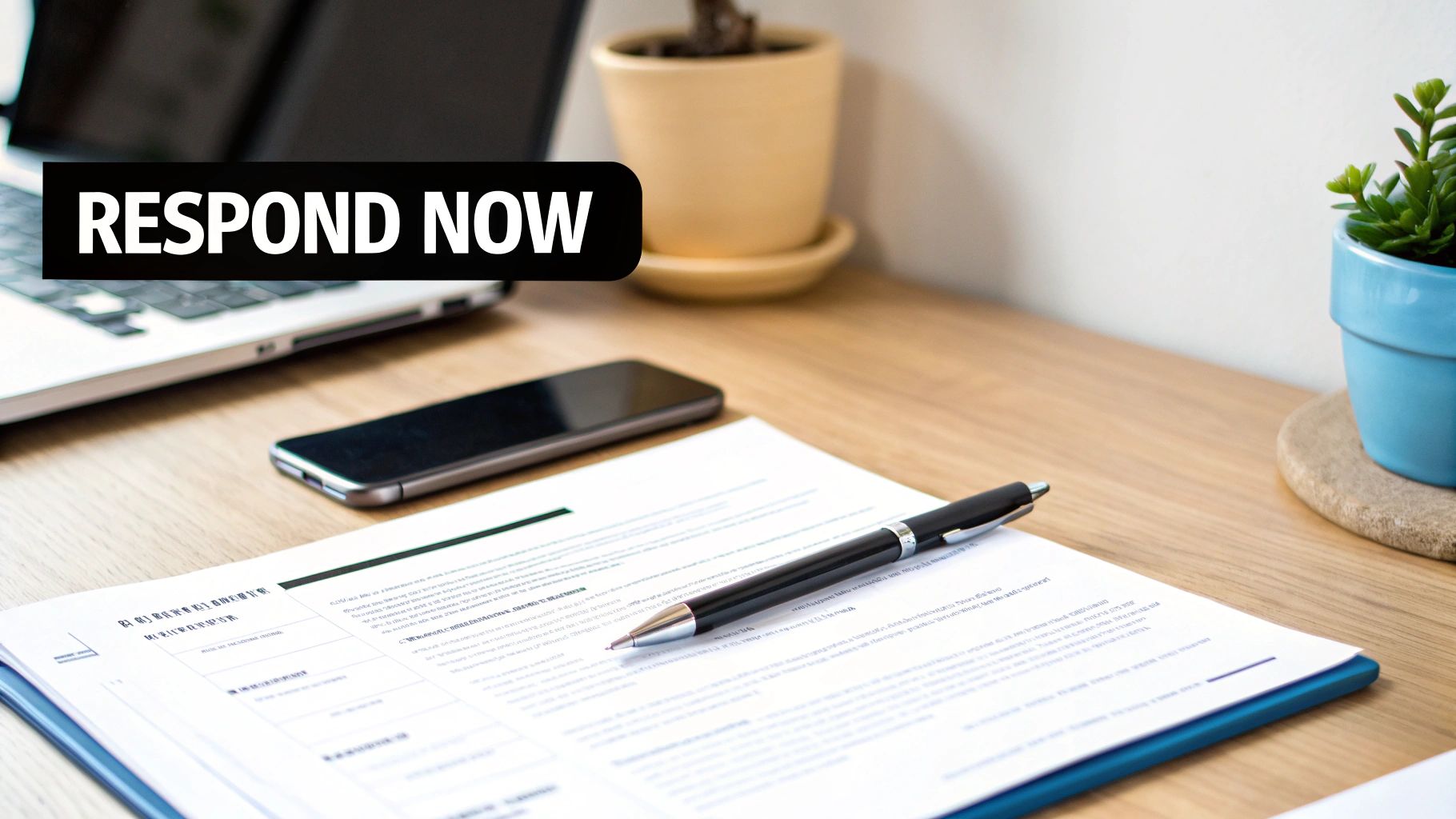 A desk setup with documents and a pen, featuring an urgent 'RESPOND NOW' call to action.