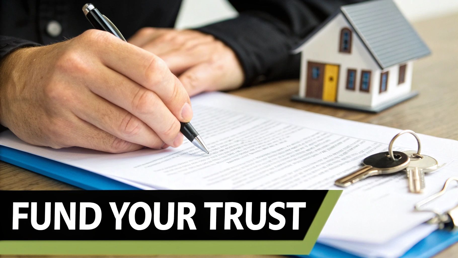 Person signing legal documents with a pen, next to a miniature house and keys, related to property trust.
