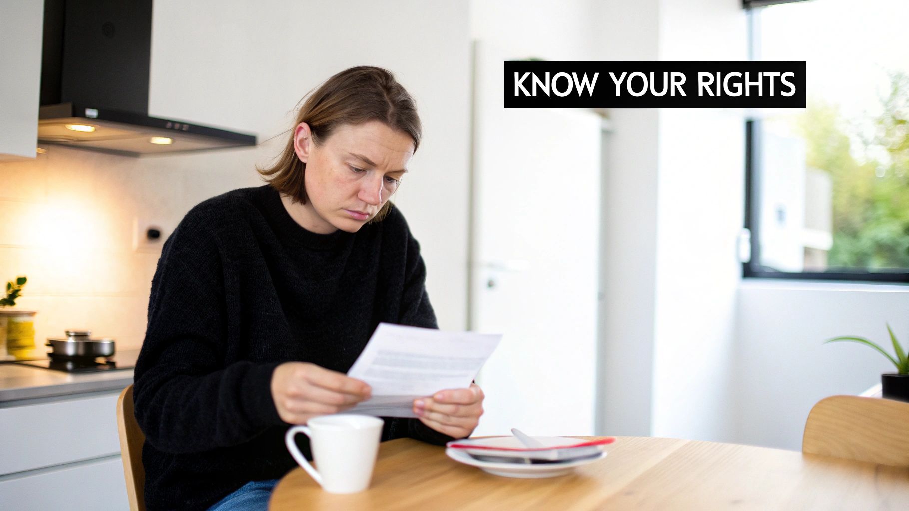 A concerned woman reads a legal document at a table, with "KNOW YOUR RIGHTS" overlaid.