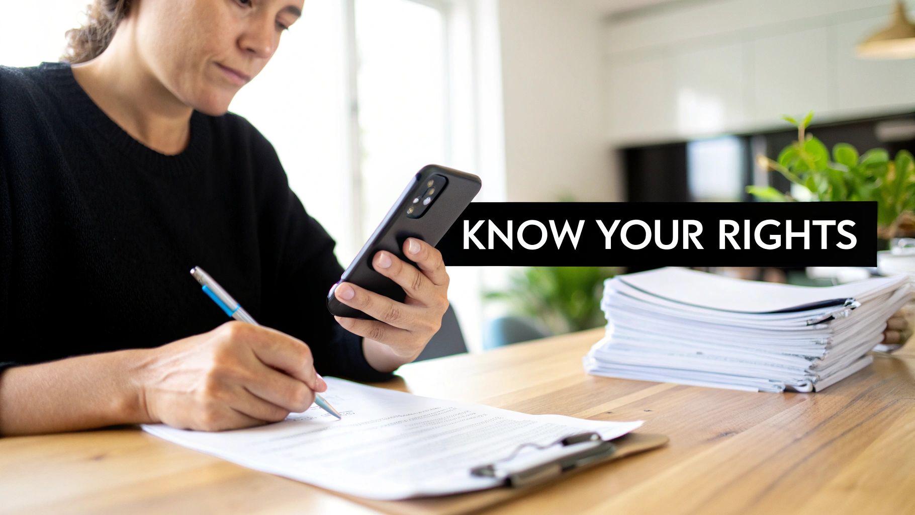 A woman reviews legal documents and uses her smartphone, with a 'KNOW YOUR RIGHTS' banner.