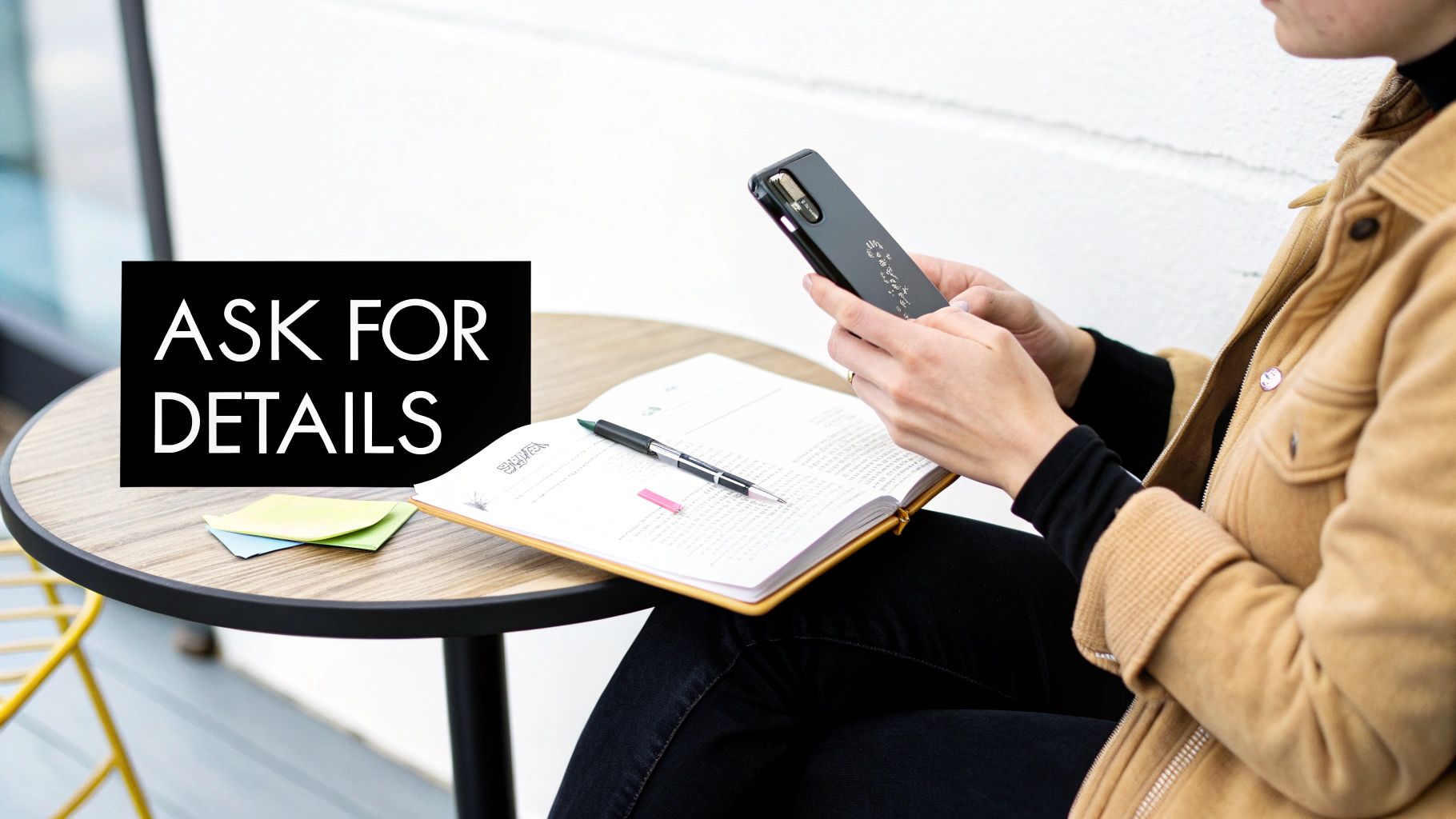 A person using a smartphone at a table with an open notebook, pen, and an 'ASK FOR DETAILS' sign.