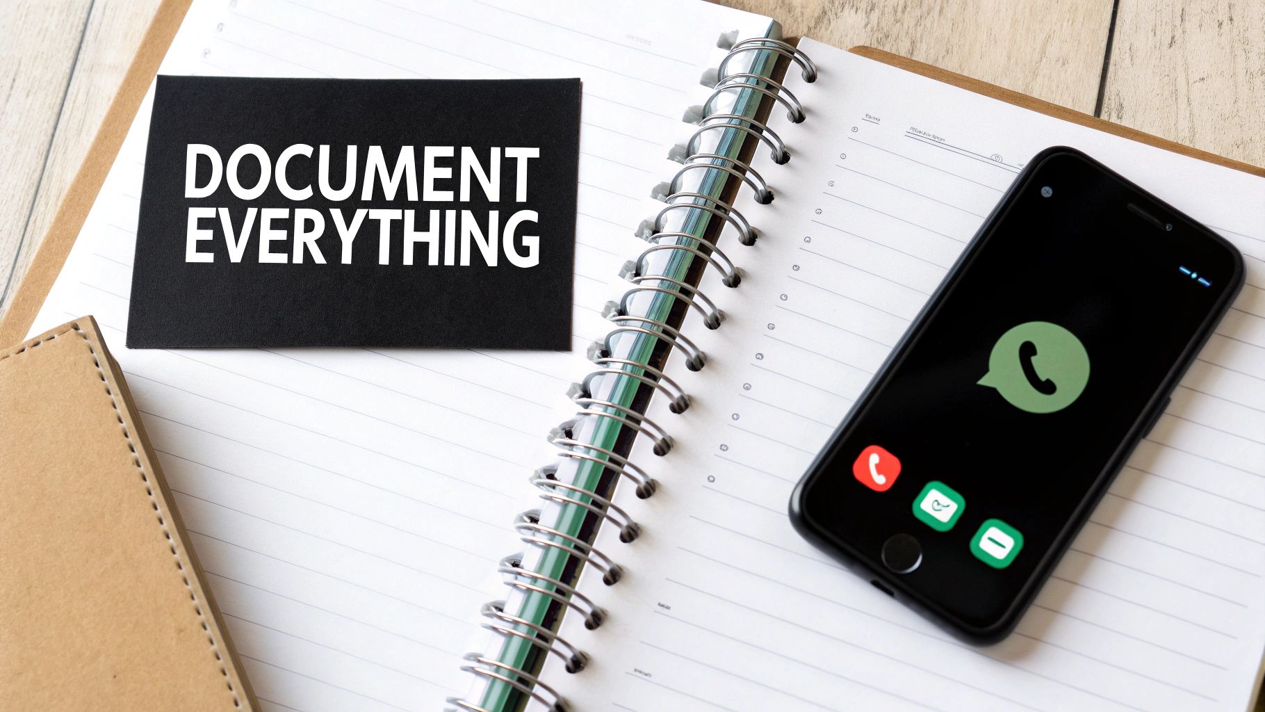 A black card with 'DOCUMENT EVERYTHING' on an open notebook next to a smartphone displaying WhatsApp call options.
