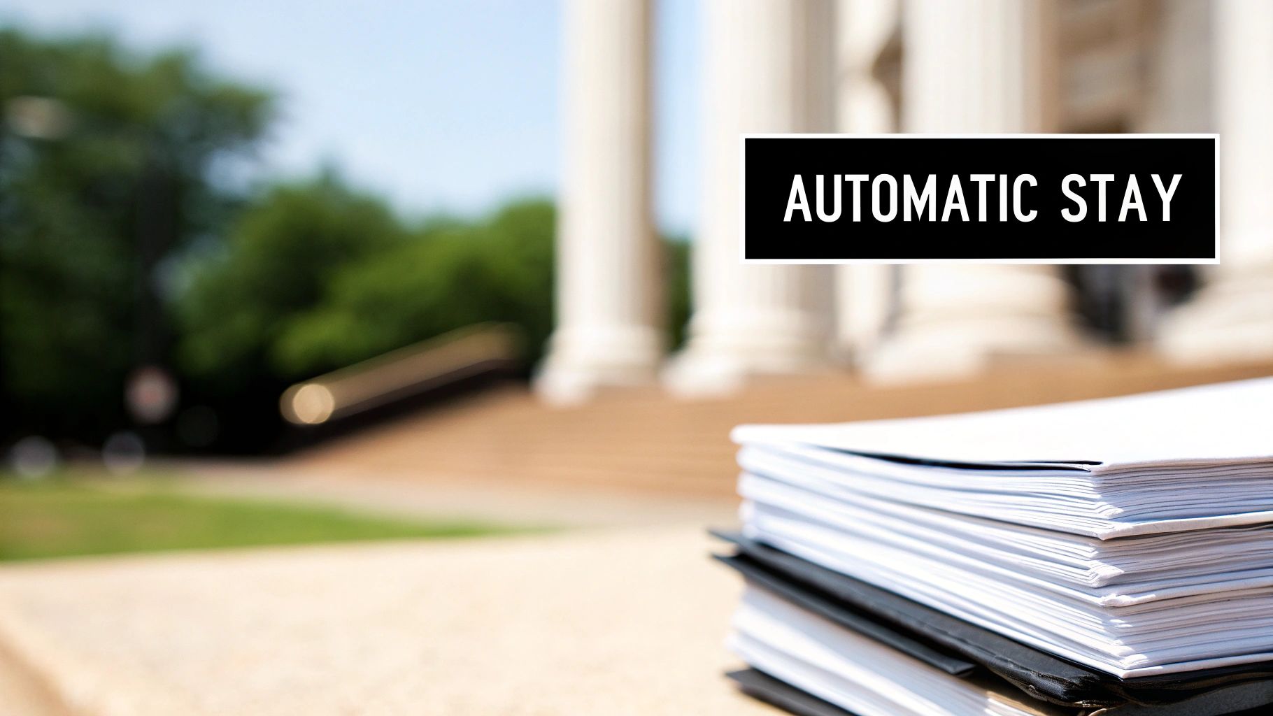 A stack of legal documents with 'AUTOMATIC STAY' text overlay, set against a blurred courthouse background.