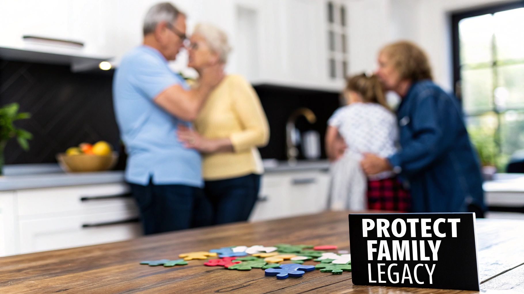 A multi-generational family in a kitchen with a prominent 'PROTECT FAMILY LEGACY' sign and colorful puzzle pieces on a table.