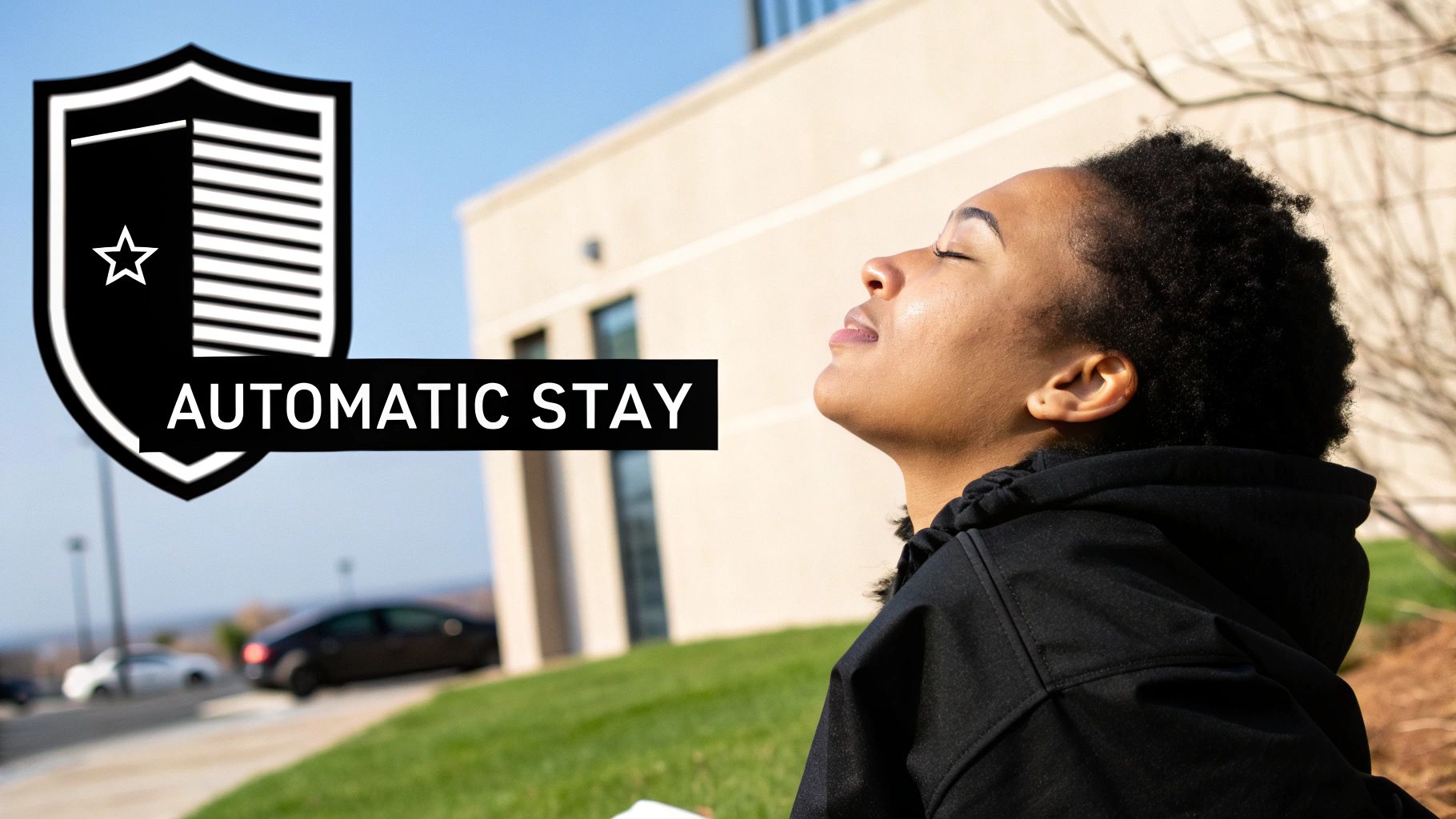 A person with closed eyes looking up at the sky, outdoors, with an 'AUTOMATIC STAY' graphic overlay.
