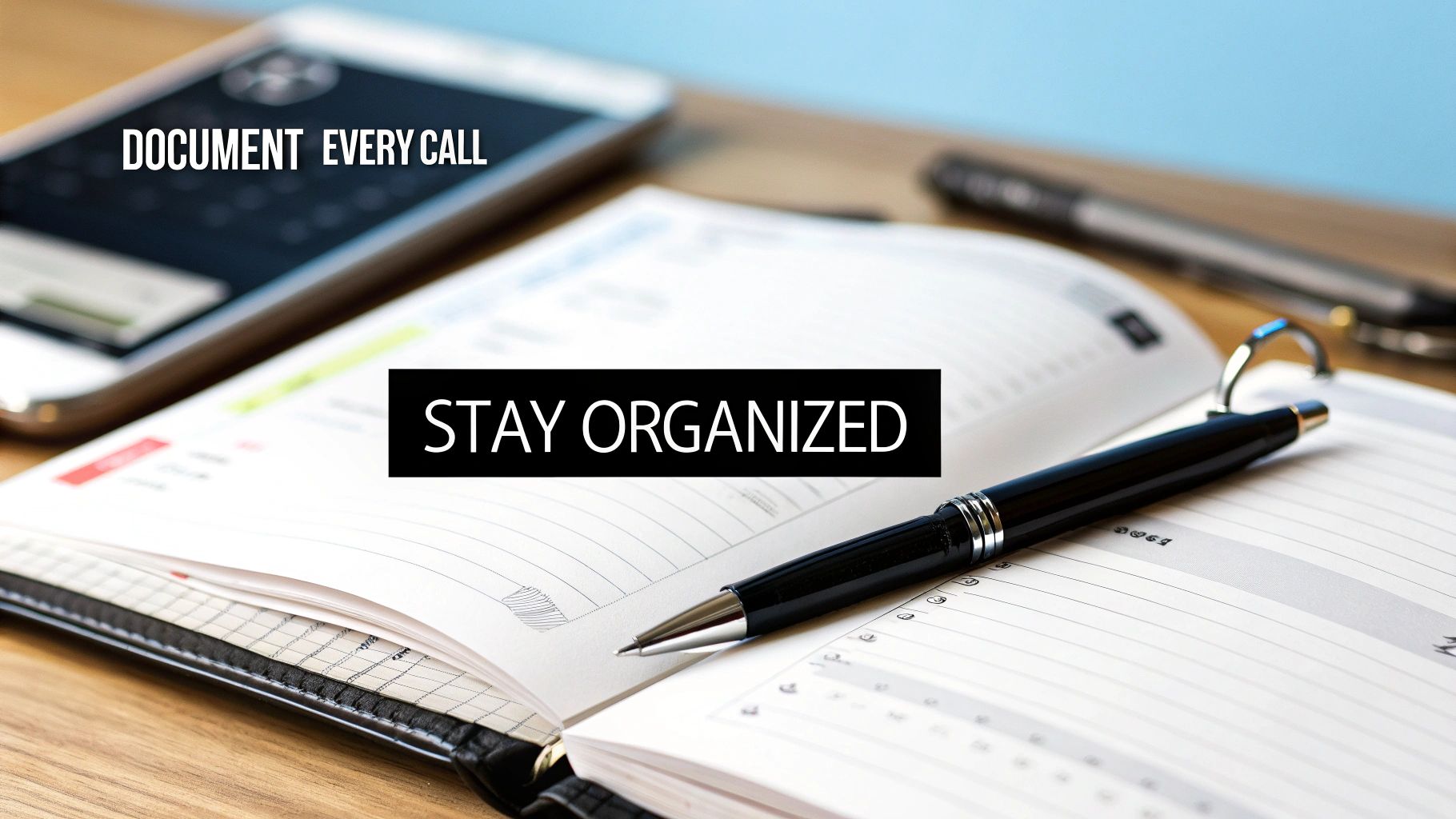 An open planner, pen, and phone on a desk, with text: DOCUMENT EVERY CALL, STAY ORGANIZED.