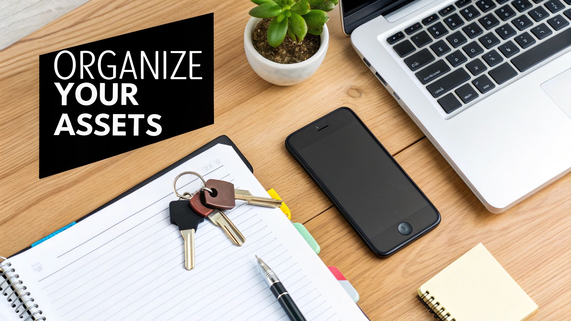 A flat lay of a desk with a laptop, smartphone, notebook, keys, and a plant, with text 'ORGANIZE YOUR ASSETS'.