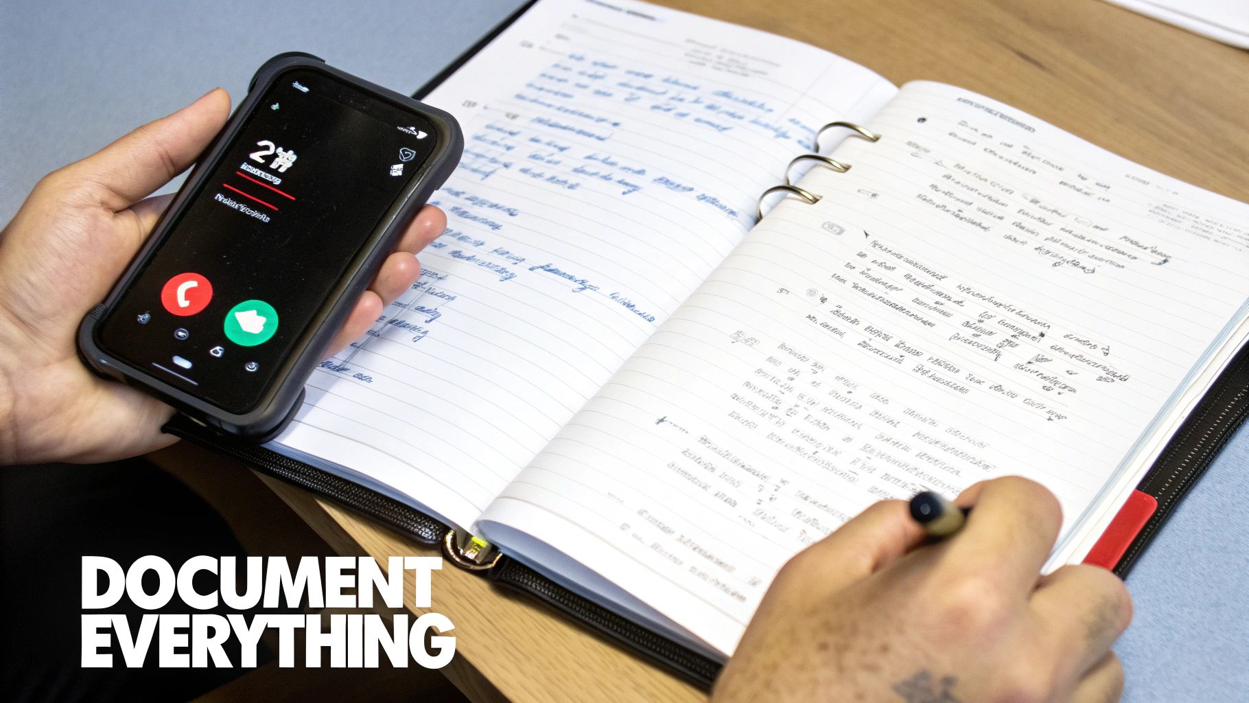 Person holding a smartphone with an incoming call notification while simultaneously writing in a notebook.