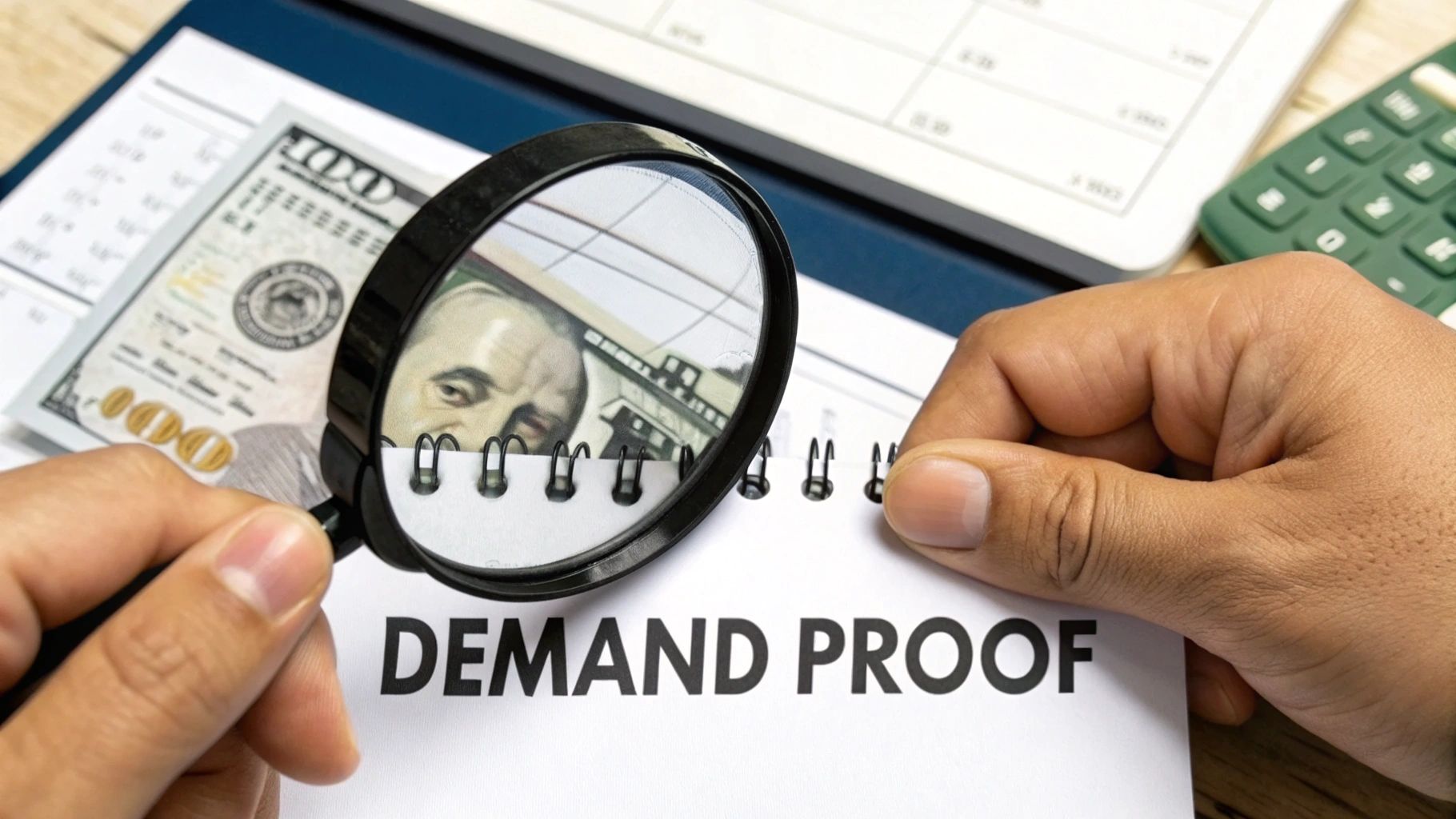 Hand using a magnifying glass to inspect a 100 dollar bill and a notebook with 'DEMAND PROOF'.