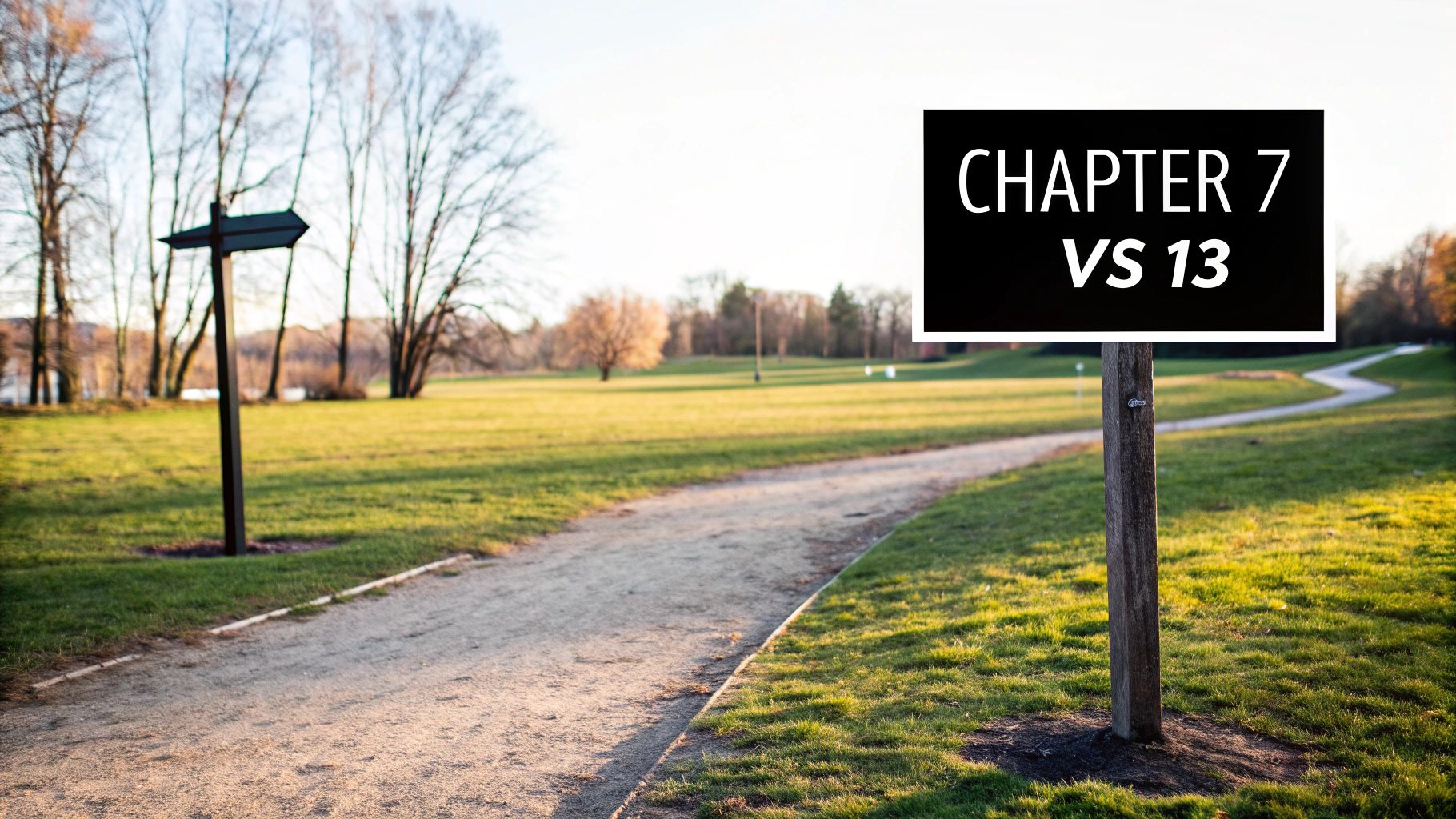 A park path leading through grass with a sign showing 'CHAPTER 7 VS 13' on a wooden post.