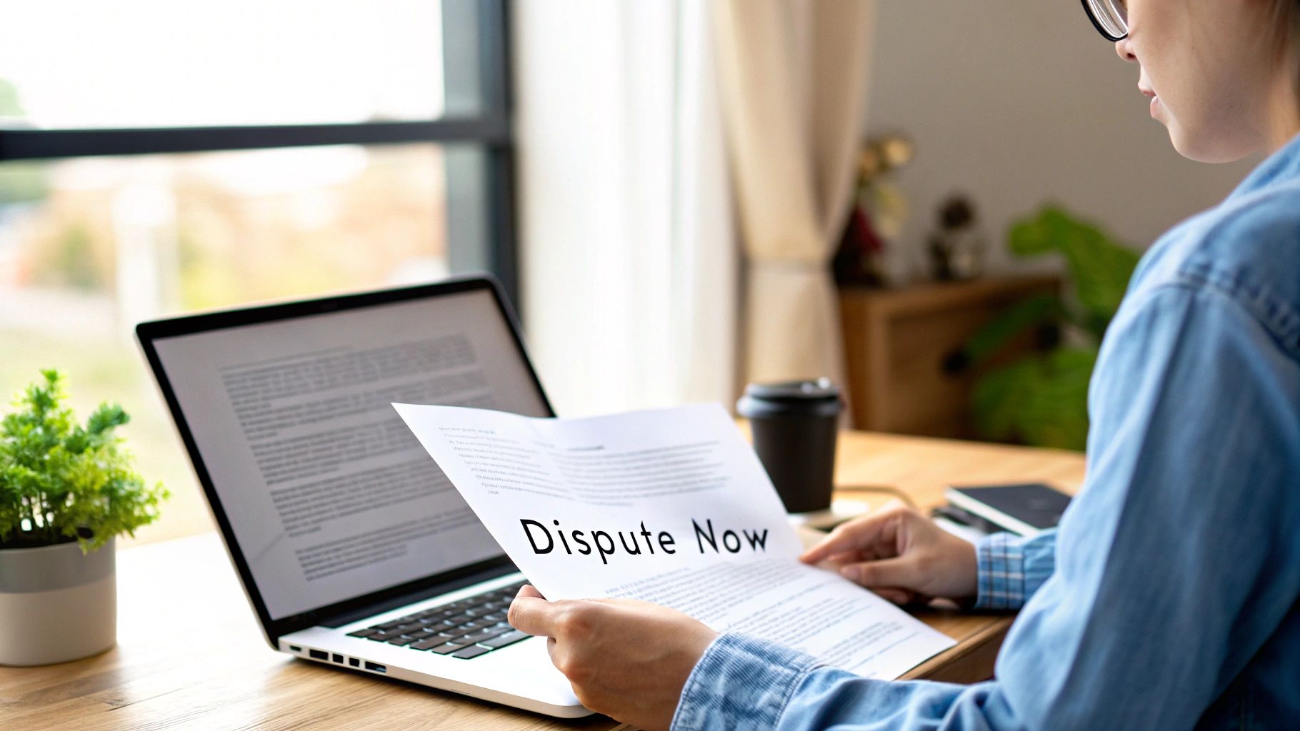 A person holding a document with 'Dispute Now' text, reviewing it at a desk with a laptop.