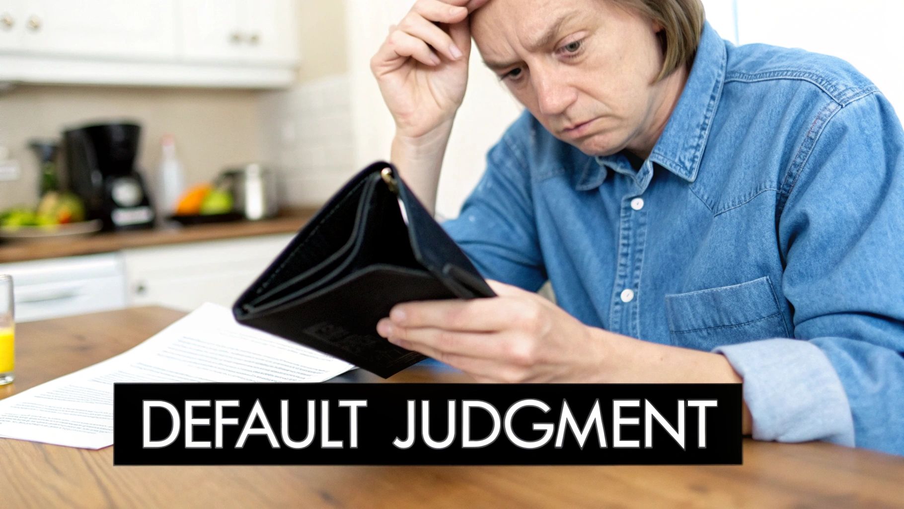 A worried person holding an empty wallet, reflecting financial distress with 'DEFAULT JUDGMENT' text.